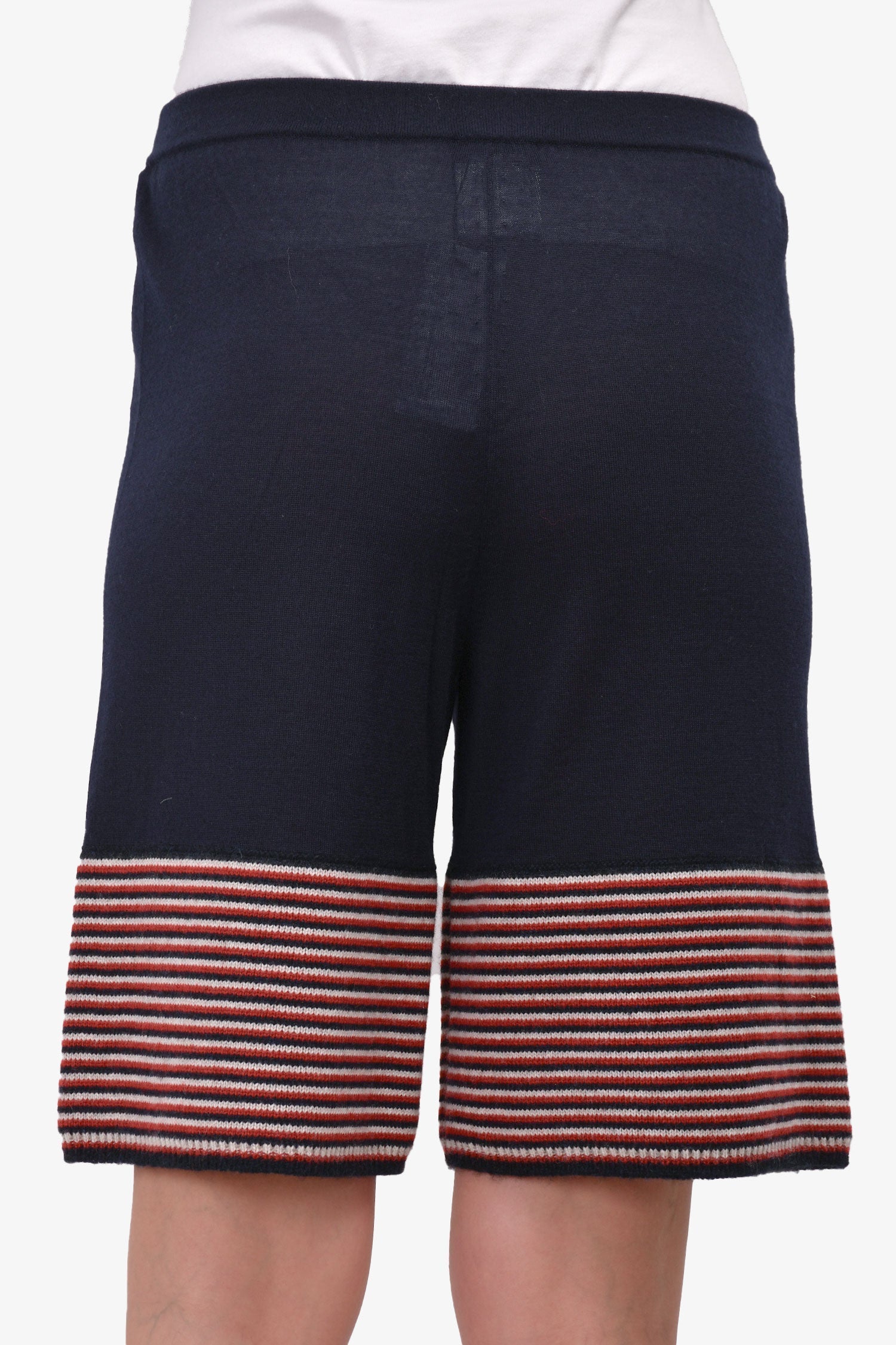 Chanel™ Navy Blue/Striped Cashmere/Silk Knit Long Flared Shorts Size 38