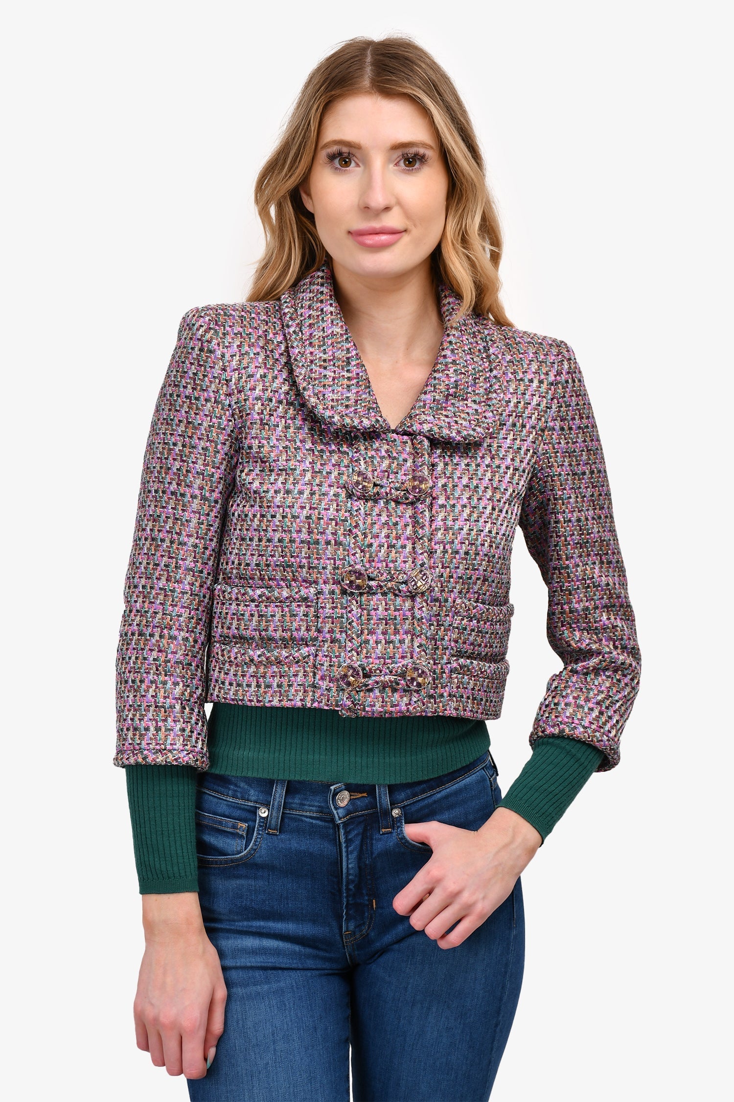 Chanel™ Purple/Multicolour Woven 'Paris Salzburg' Cropped Jacket Size 38