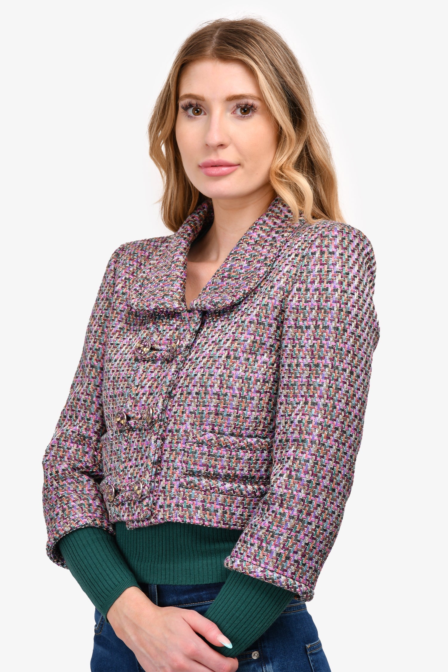 Chanel™ Purple/Multicolour Woven 'Paris Salzburg' Cropped Jacket Size 38