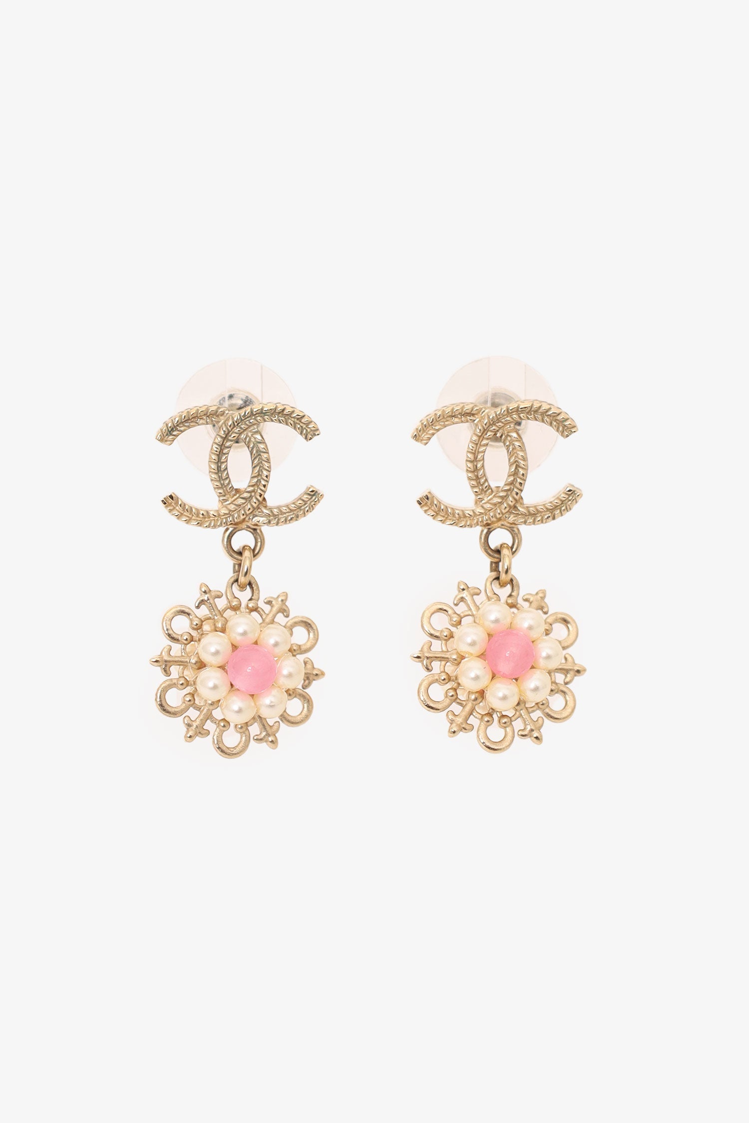 Chanel™ 2016 Gold-Tone/Pink CC Flower Drop Earrings