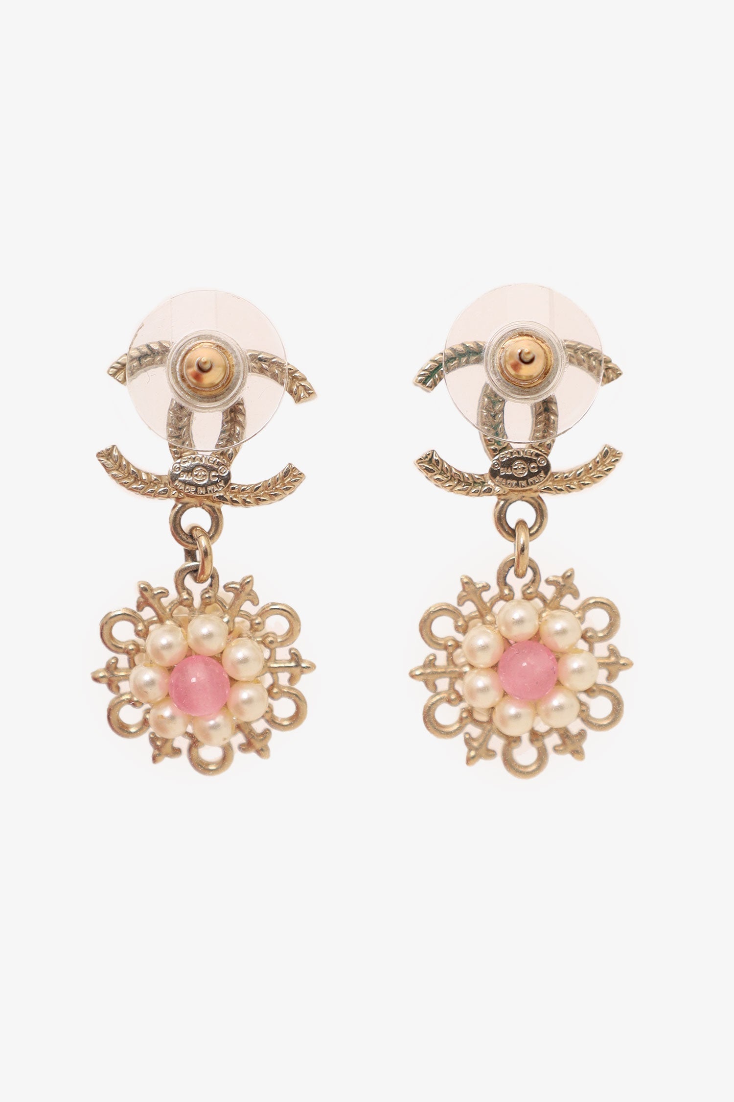 Chanel™ 2016 Gold-Tone/Pink CC Flower Drop Earrings