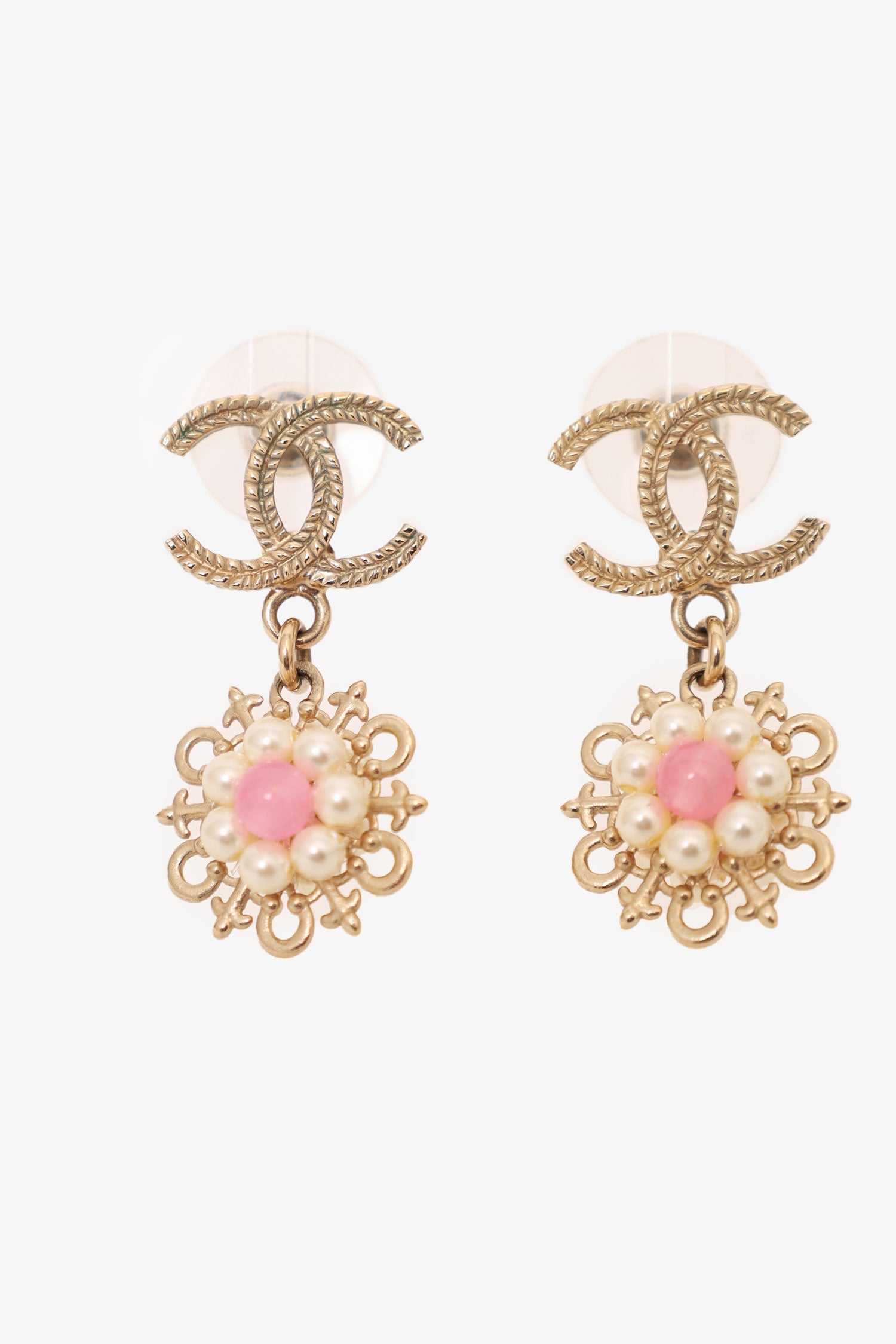 Chanel™ 2016 Gold-Tone/Pink CC Flower Drop Earrings