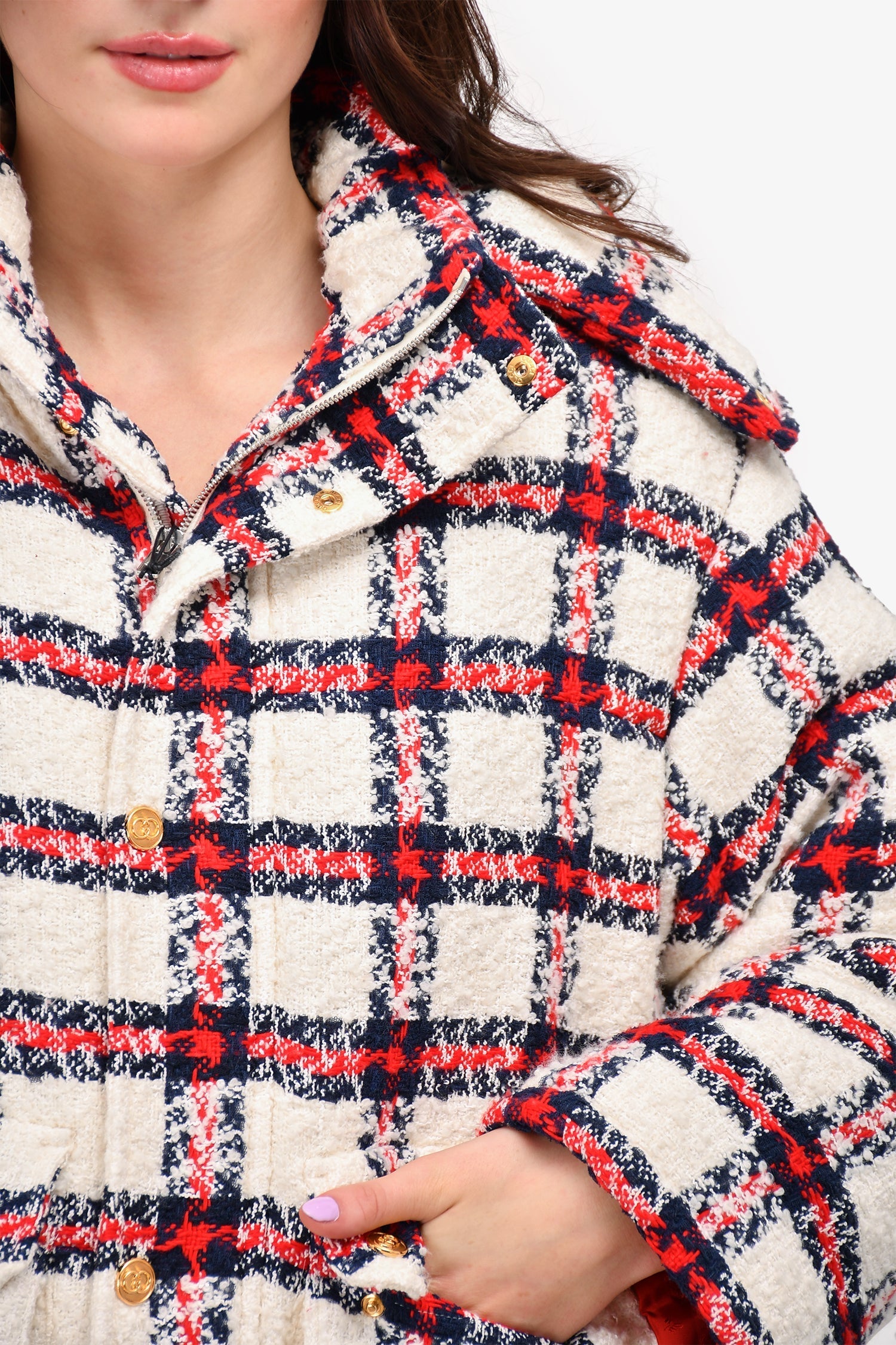 Gucci 2021 White/Navy/Red Checked Hooded Padded Jacket Size 40