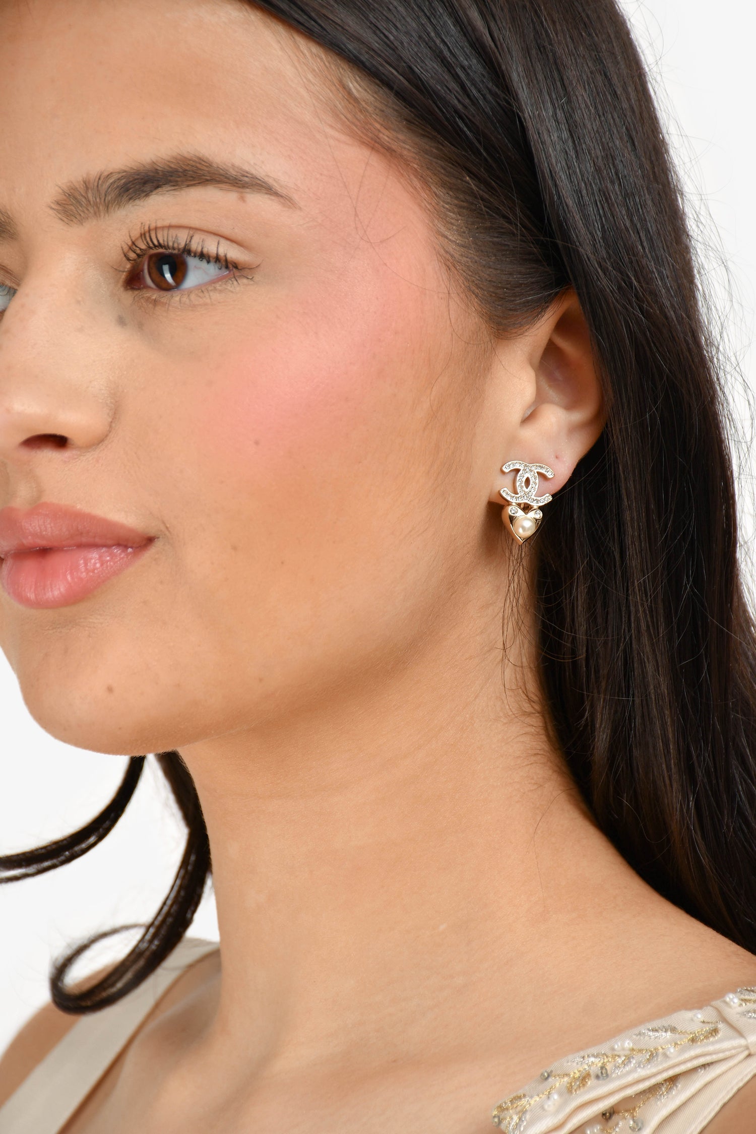 Chanel™ 2019 Gold Toned Pearl Star/Heart CC Drop Clip On Earrings