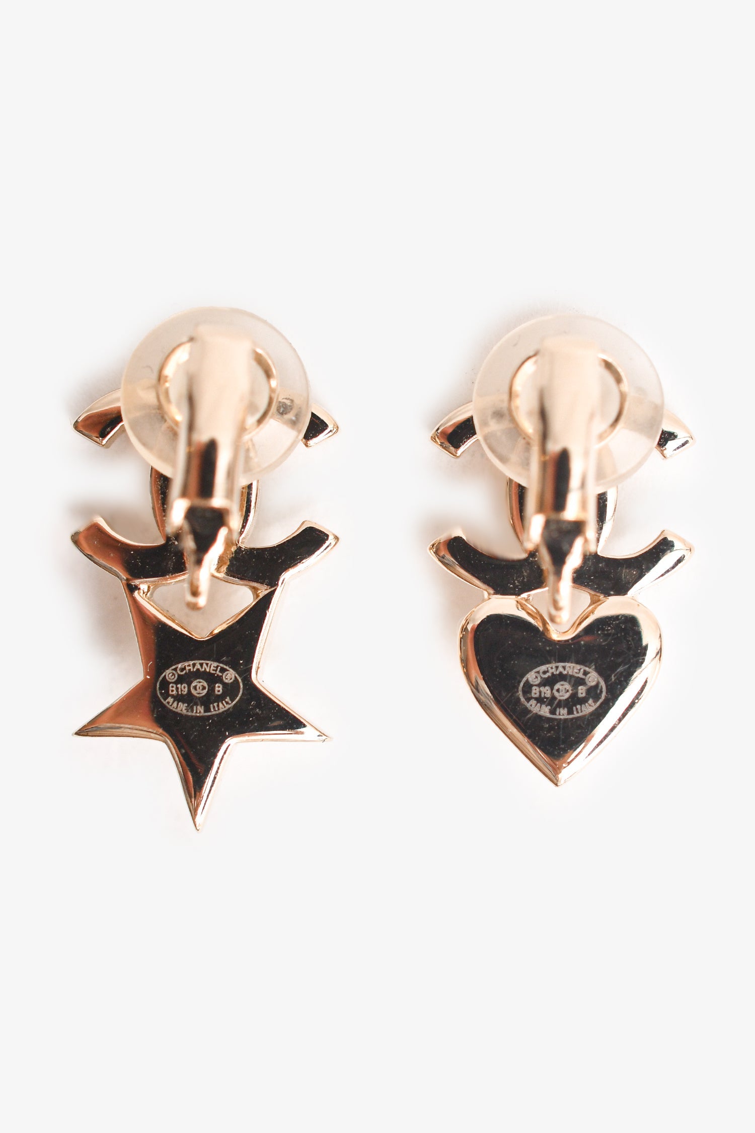 Chanel™ 2019 Gold Toned Pearl Star/Heart CC Drop Clip On Earrings
