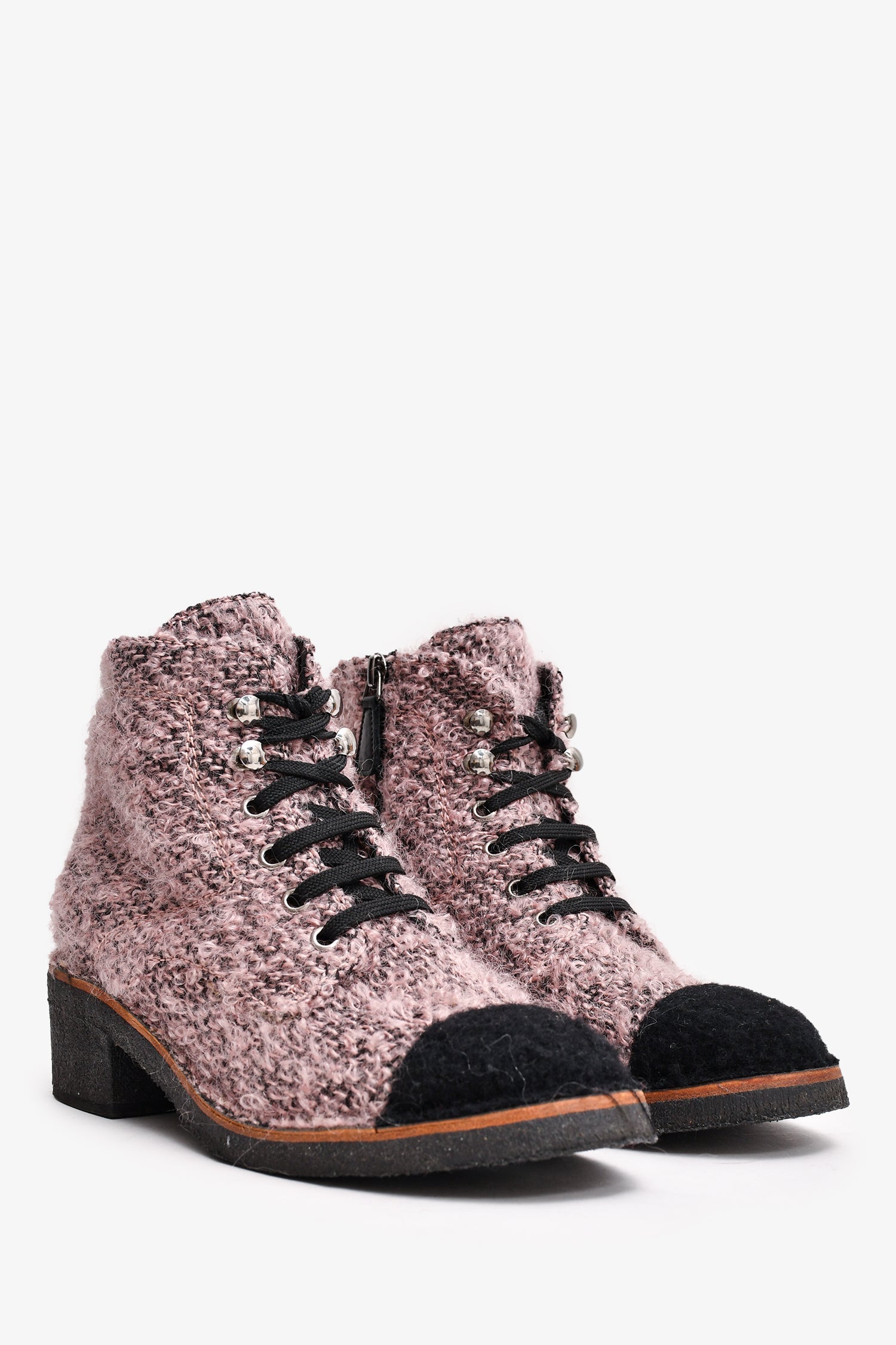 Chanel™ Purple/Black Tweed Lace Up Ankle Boots Size 38