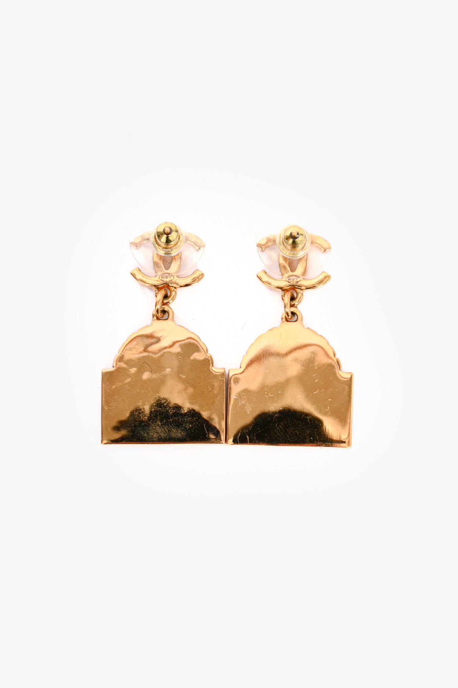 Chanel™ 2022 Gold Toned CC 'Rue Cambon' Drop Stud Earrings