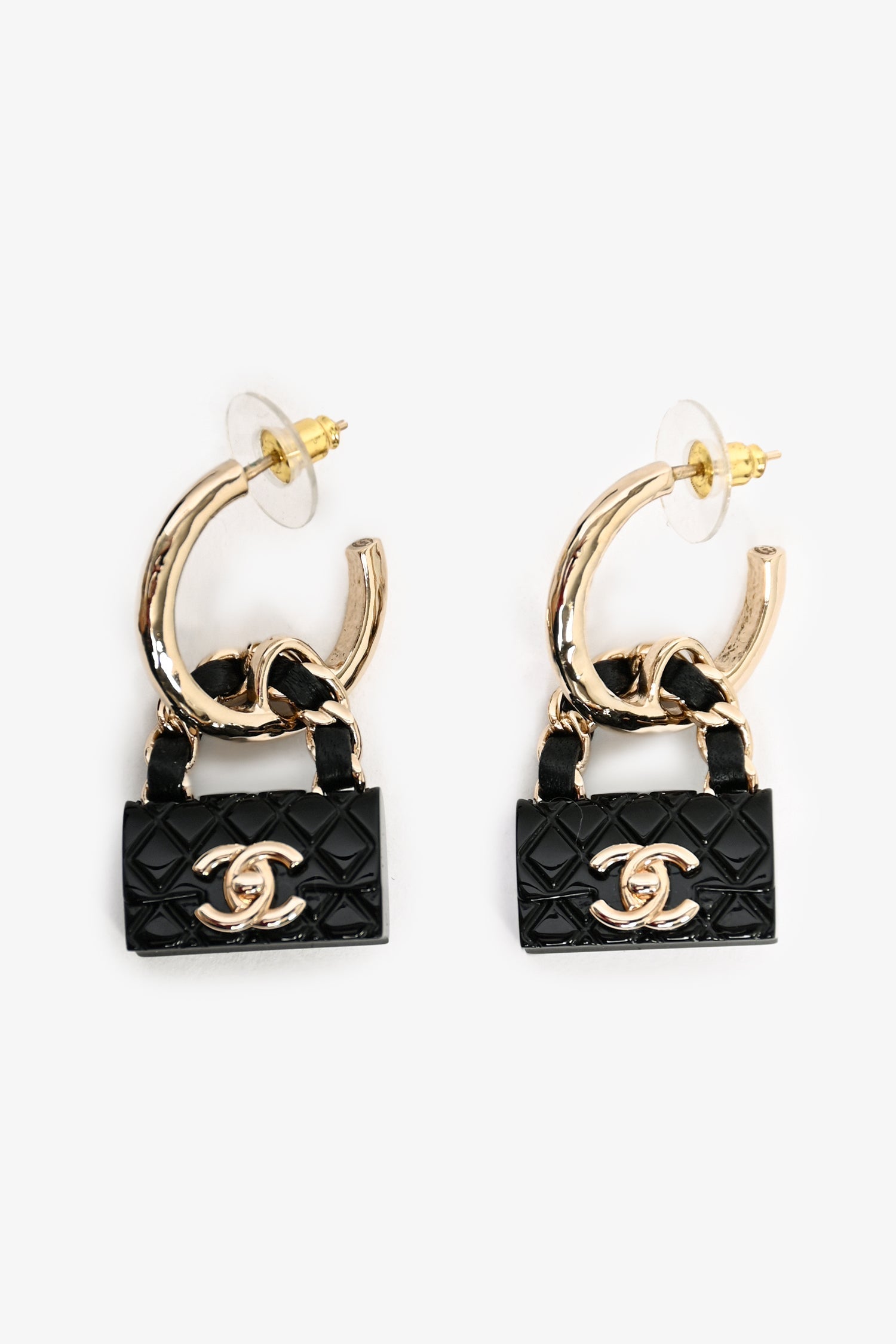 Chanel™ 2023 Gold Toned Resin/Leather Purse Drop CC Earrings