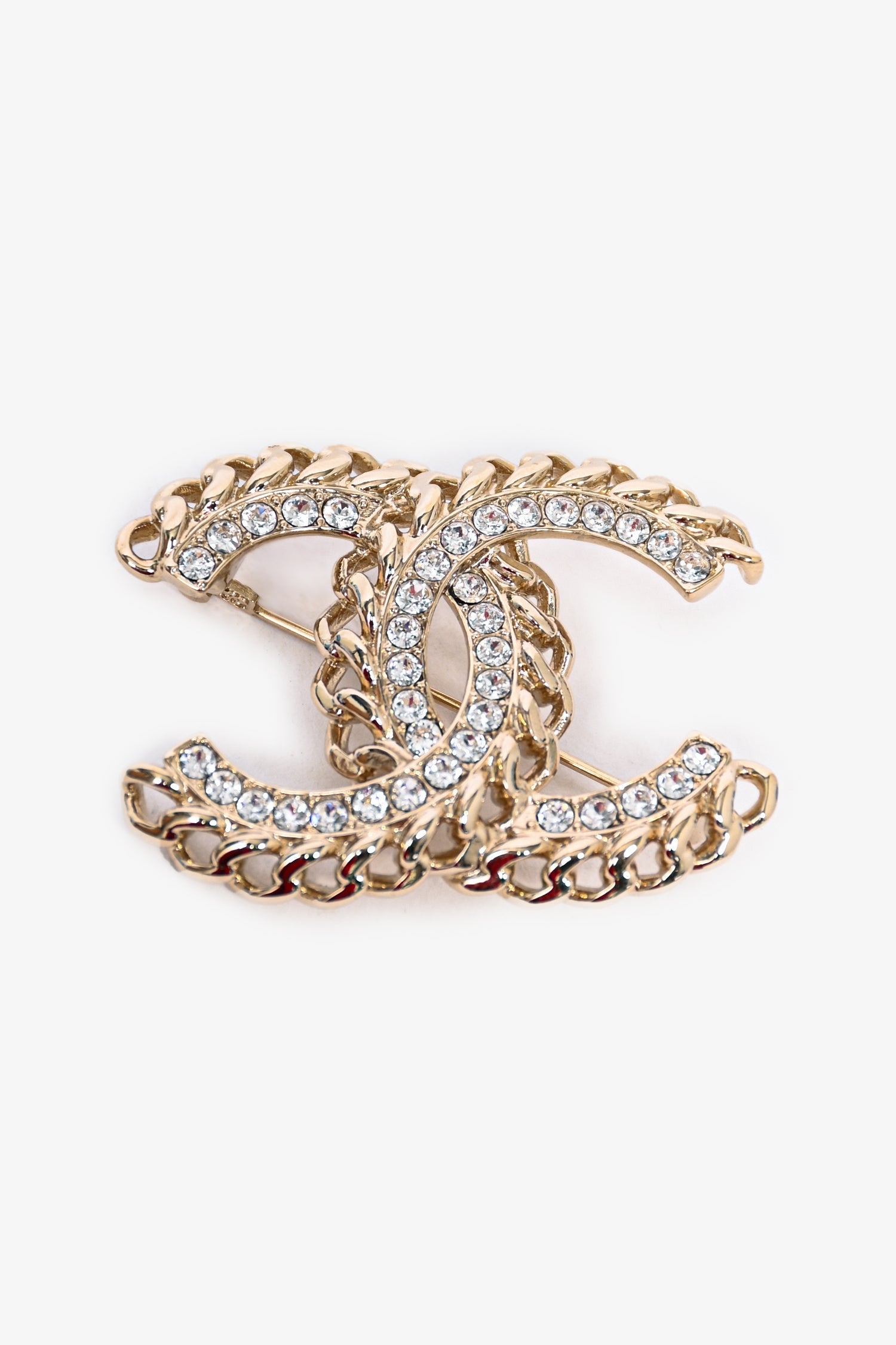Chanel™ 2021 Gold Toned Chain/Crystal CC Brooch