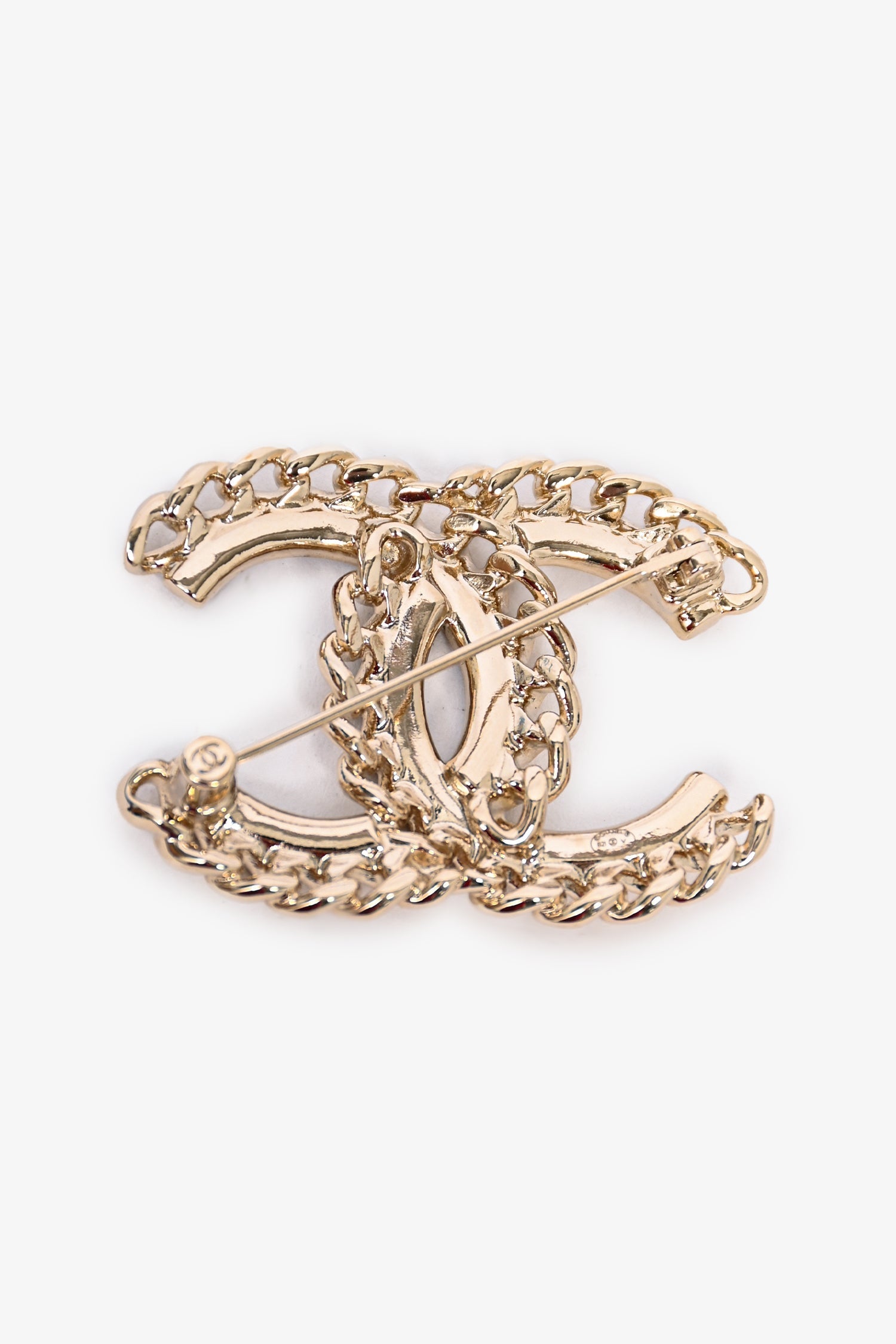 Chanel™ 2021 Gold Toned Chain/Crystal CC Brooch
