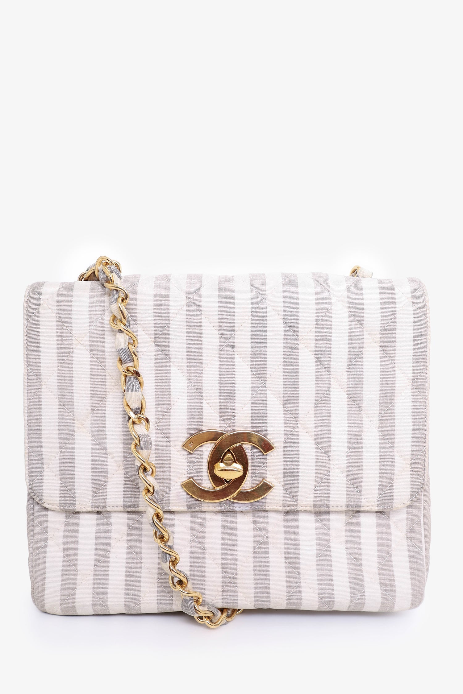 Chanel™ 1994-96 Grey/White Striped Chain Shoulder Bag