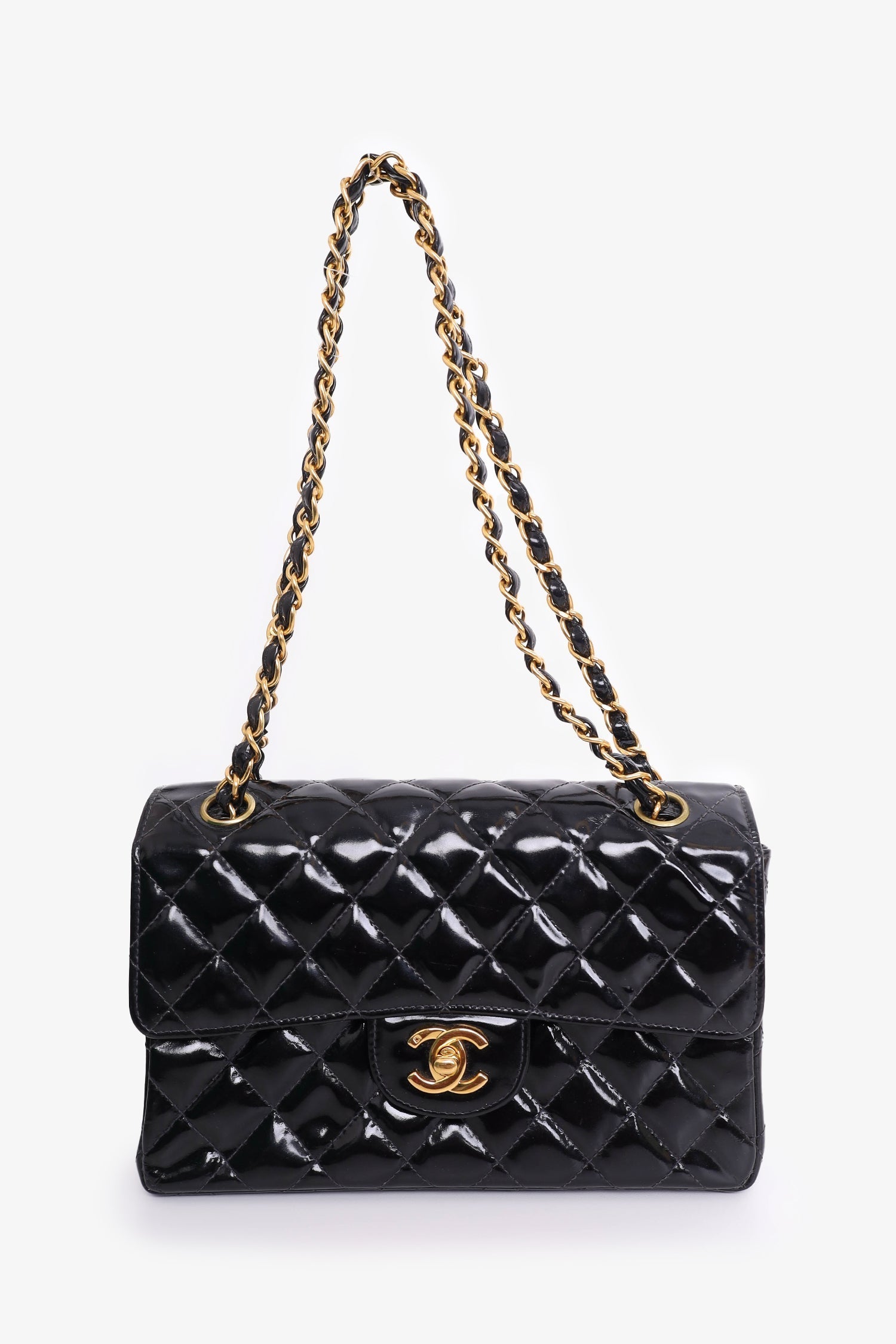 Chanel™ 1996-97 Black Quilted Patent Double Sided Flap Bag
