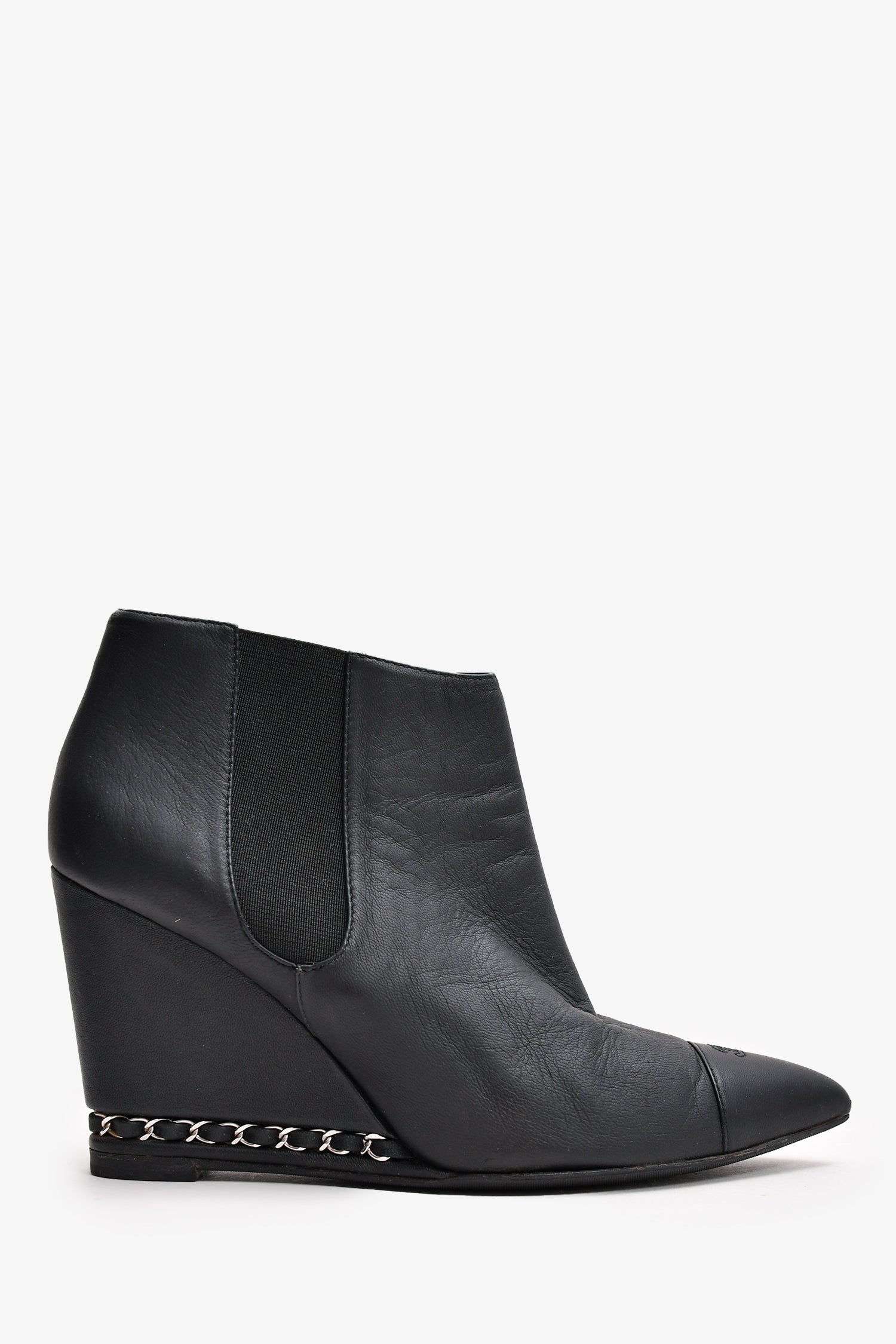 Chanel™ Black Leather Chain Detail CC Heeled Ankle Boots Size 36