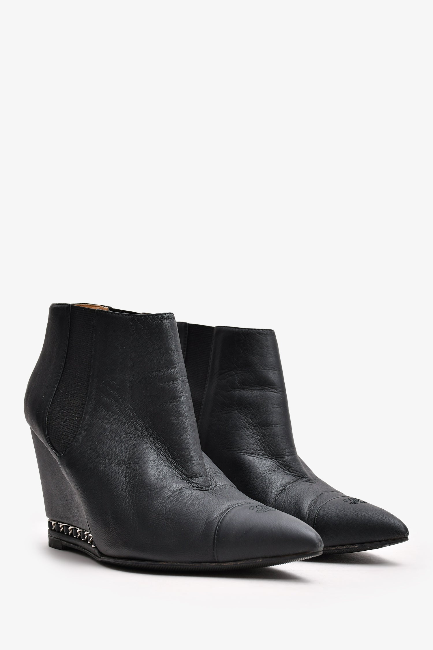 Chanel™ Black Leather Chain Detail CC Heeled Ankle Boots Size 36