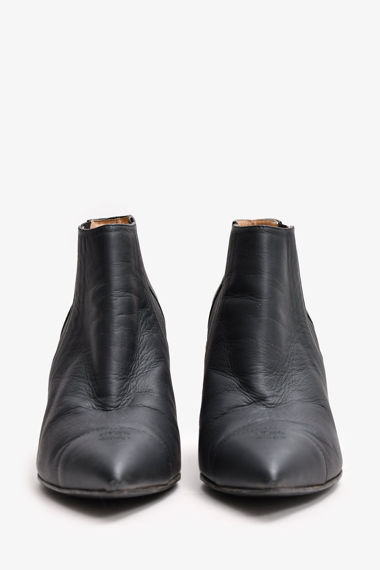 Chanel™ Black Leather Chain Detail CC Heeled Ankle Boots Size 36