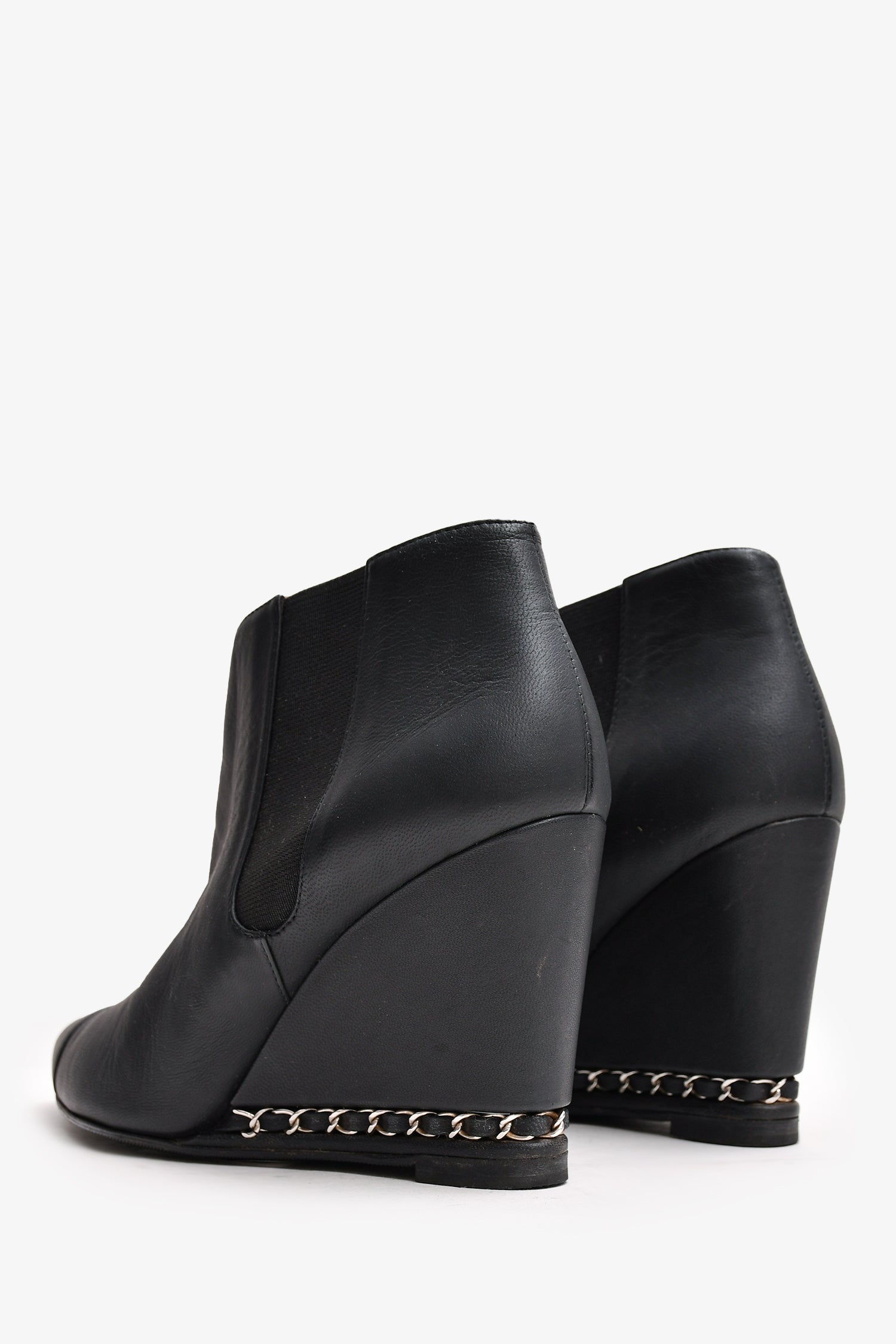 Chanel™ Black Leather Chain Detail CC Heeled Ankle Boots Size 36