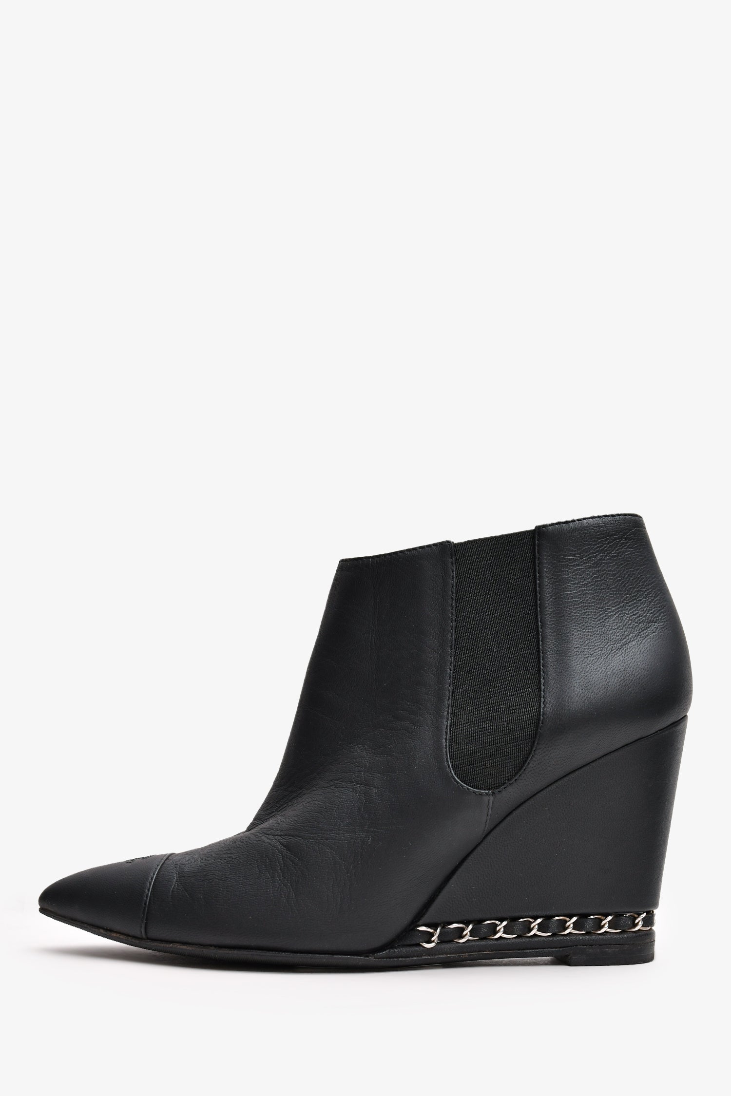 Chanel™ Black Leather Chain Detail CC Heeled Ankle Boots Size 36