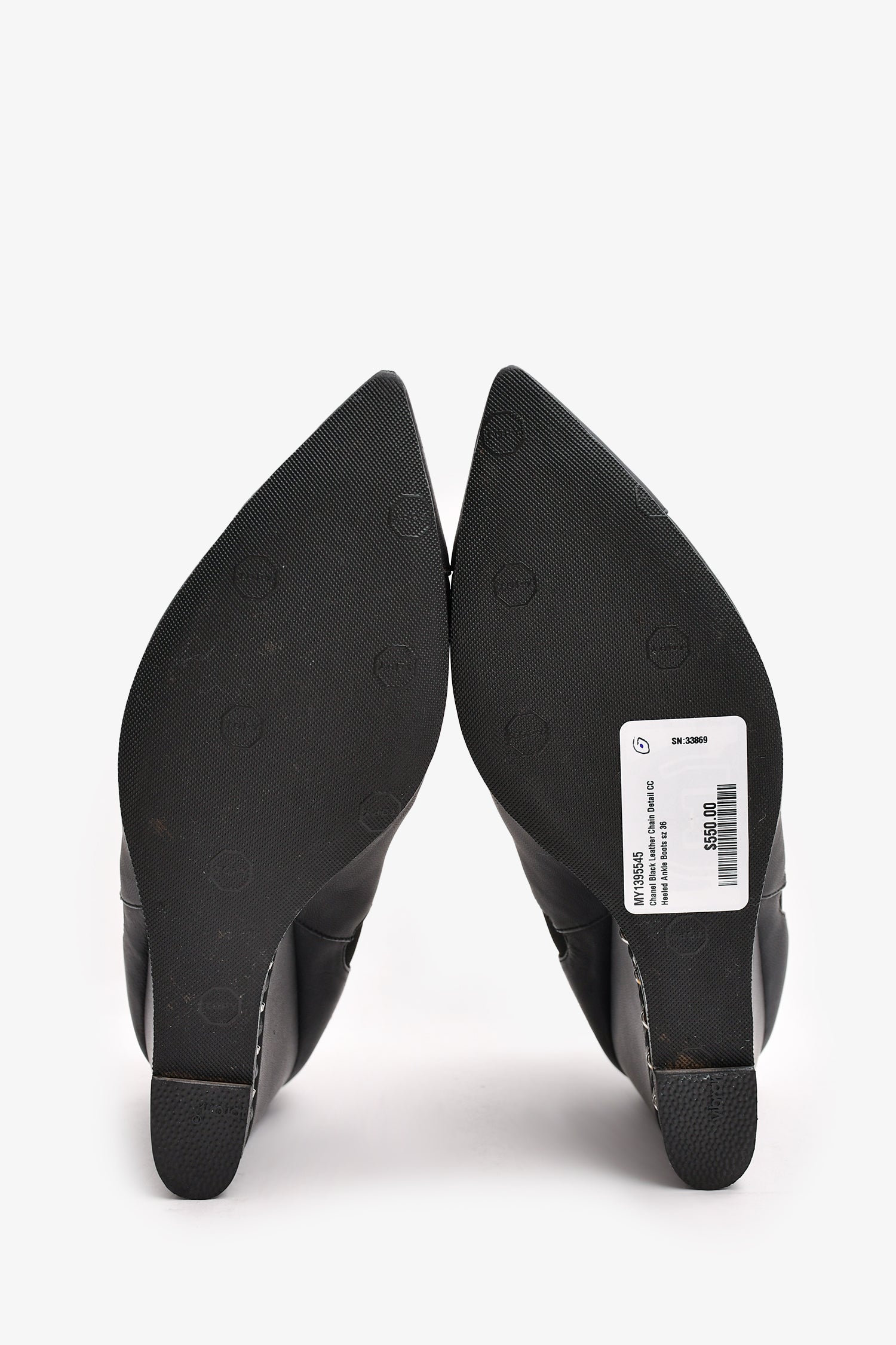 Chanel™ Black Leather Chain Detail CC Heeled Ankle Boots Size 36