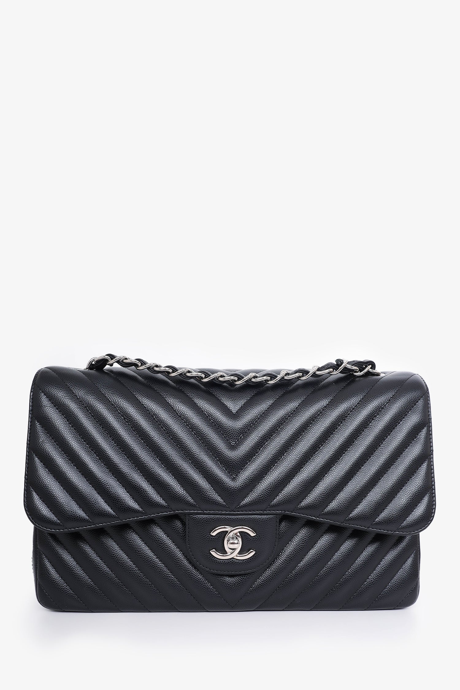 Chanel™ 2016-17 Black Chevron Caviar Leather Jumbo Double Flap