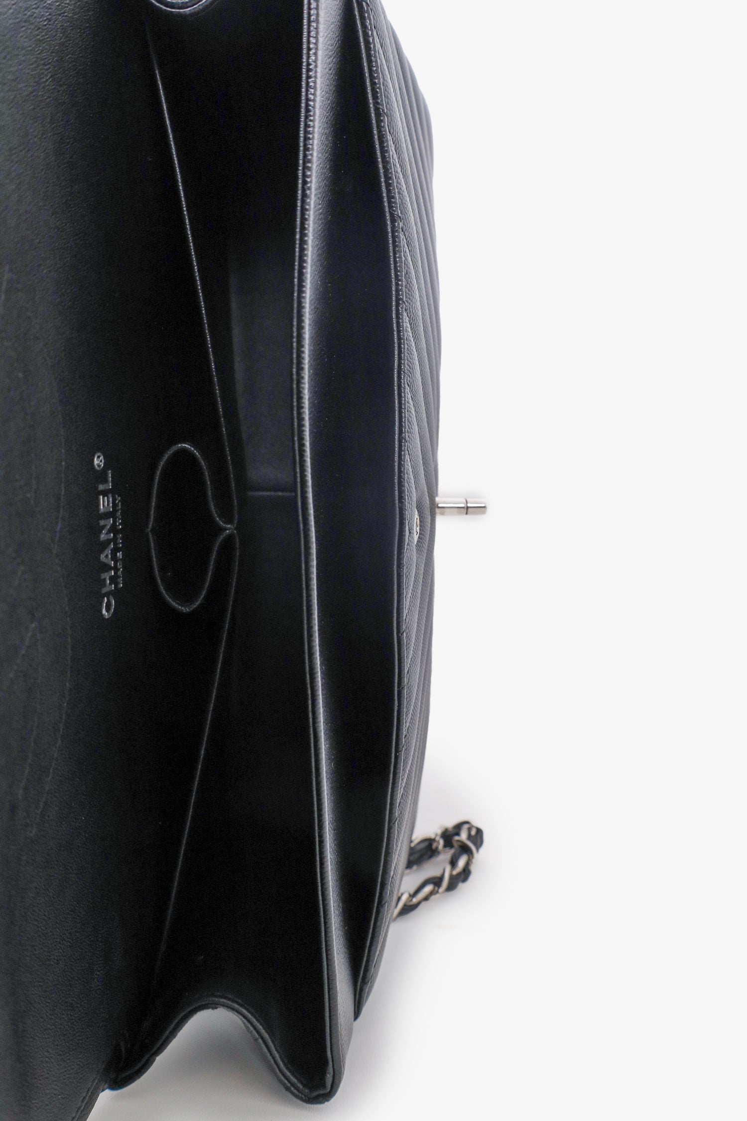 Chanel™ 2016-17 Black Chevron Caviar Leather Jumbo Double Flap