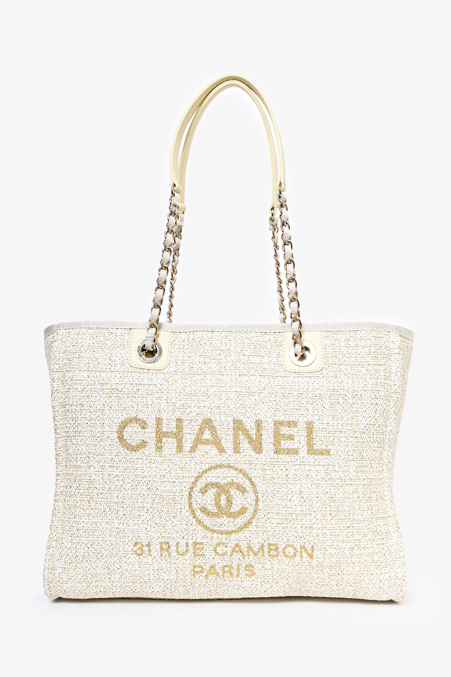 Chanel™ 2021/22 Beige/Gold Metallic Tweed Small Deauville Shopping Tote