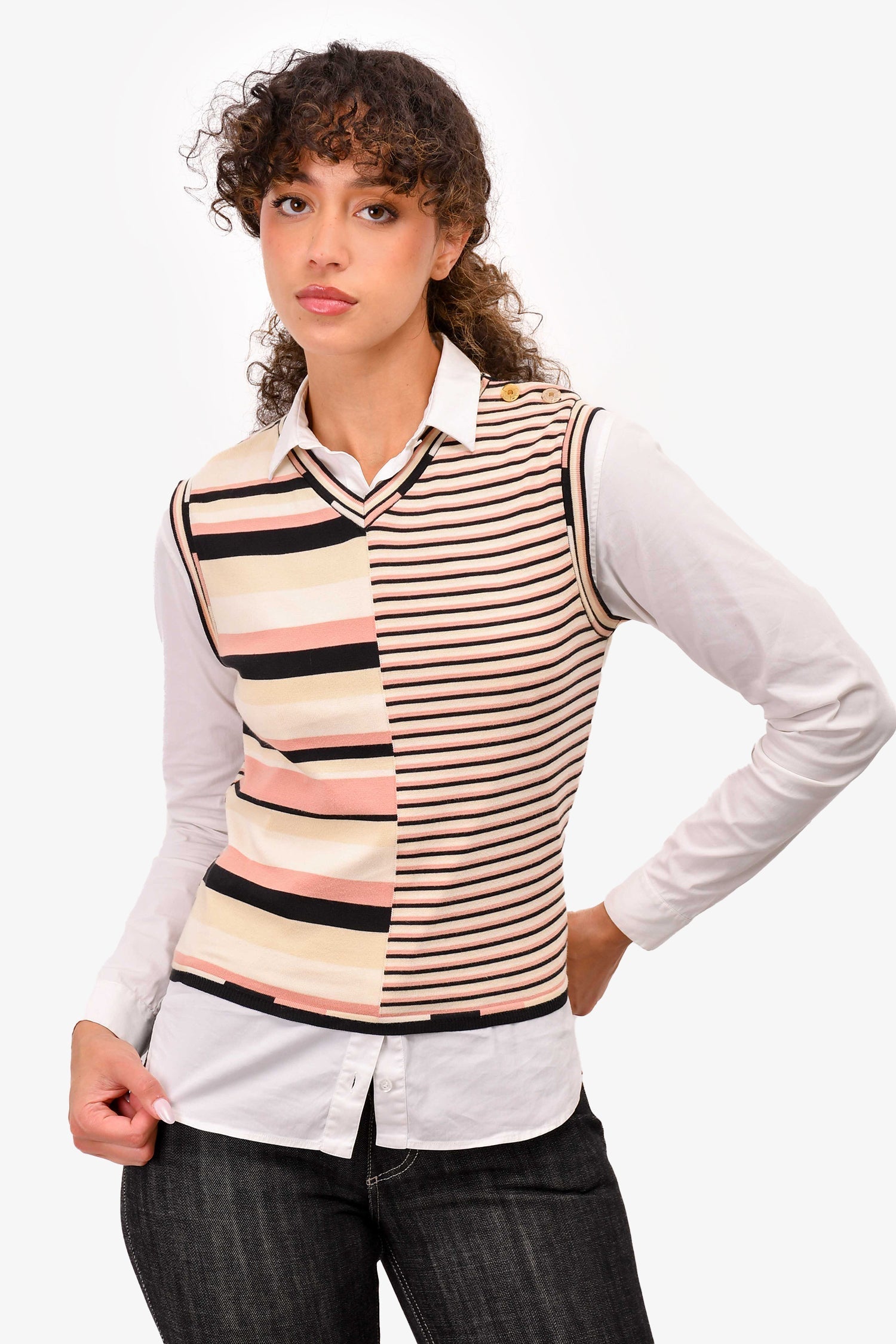 Chanel™ 2002 Spring Cream/White Striped Cotton V-Neck Sleeveless Top Size 38 (As Is)
