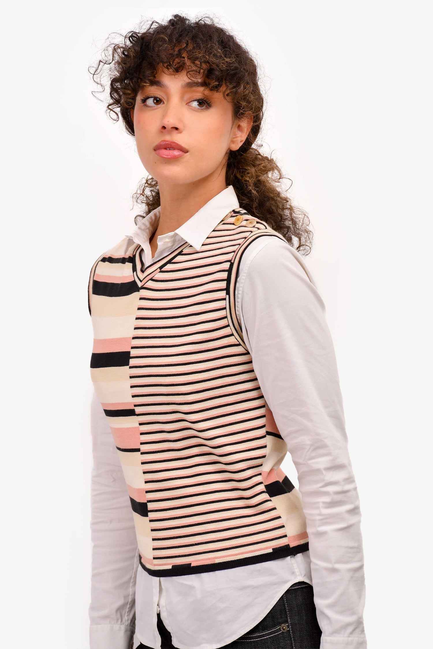 Chanel™ 2002 Spring Cream/White Striped Cotton V-Neck Sleeveless Top Size 38 (As Is)