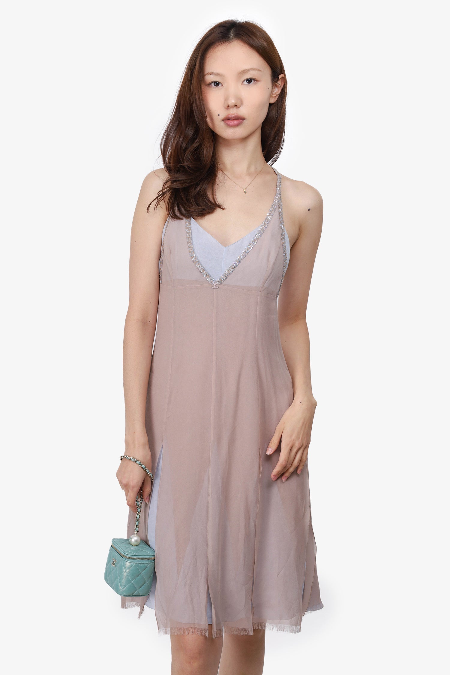 Chanel™ Blue/Pink Silk Sequin Embellished V-Neck Pleated Hem Dress Size 38