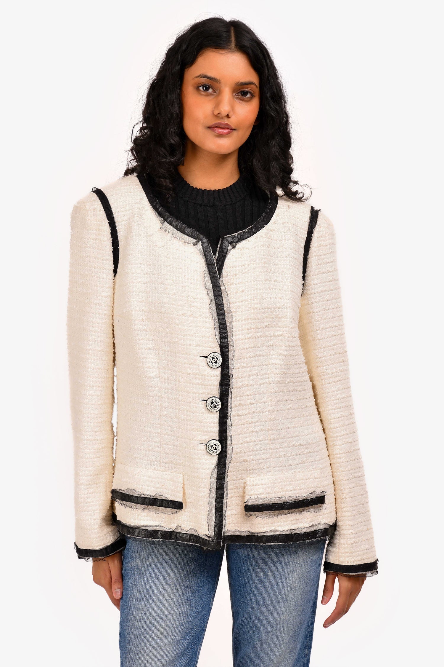 Chanel™ 2009 White Leather Trim Detailed Tweed Jacket Size 48 (As Is)