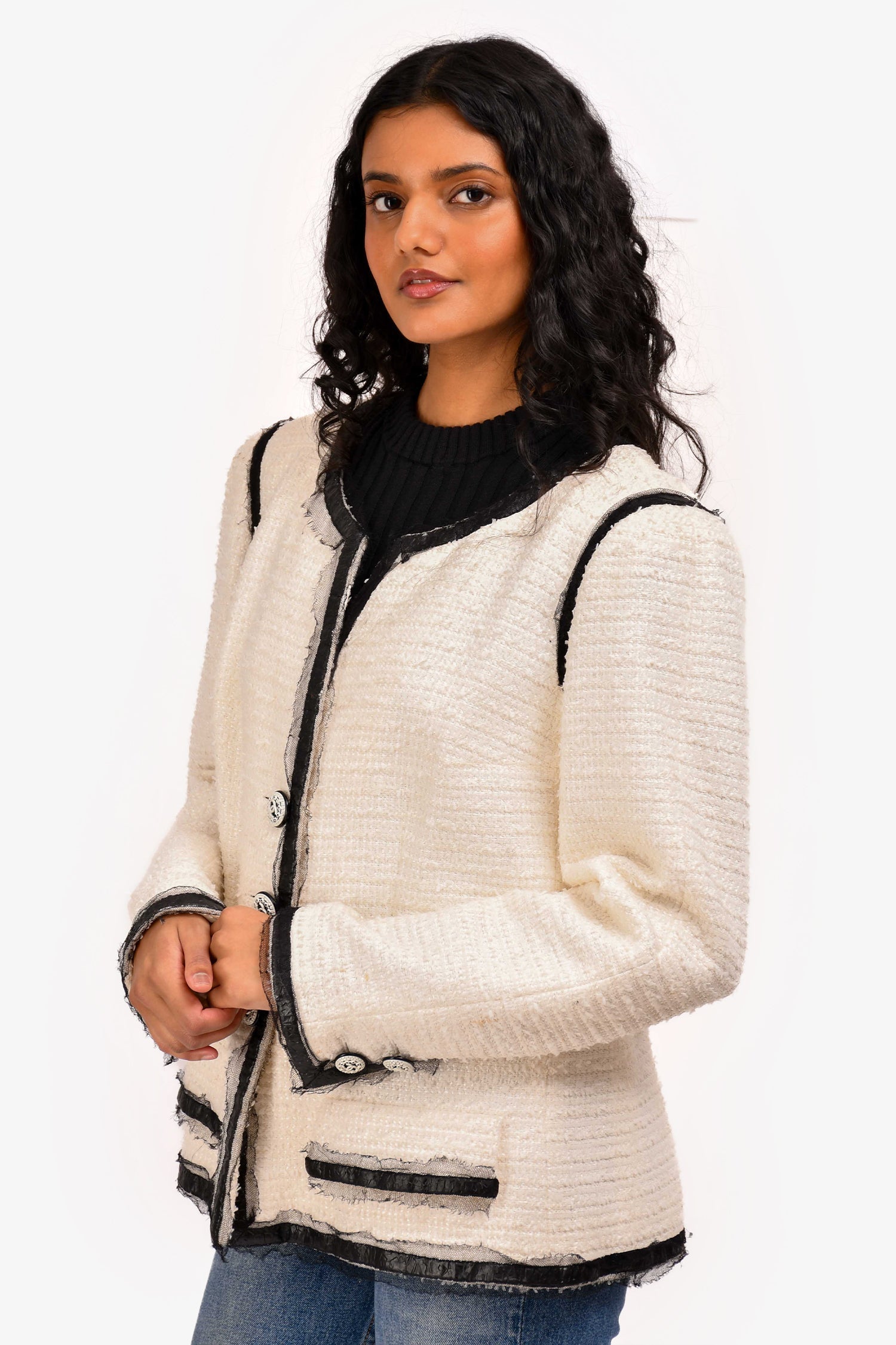Chanel™ 2009 White Leather Trim Detailed Tweed Jacket Size 48 (As Is)