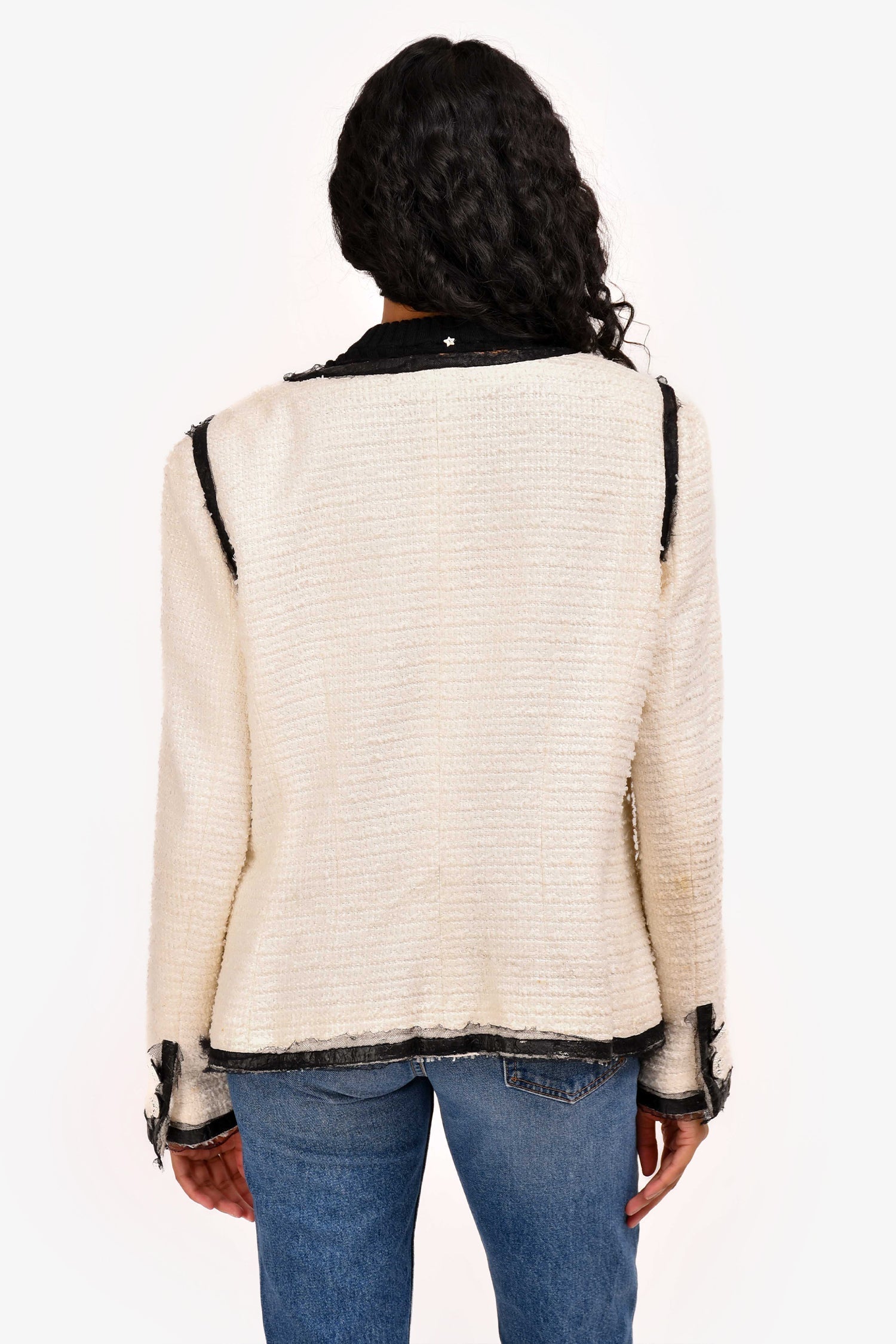 Chanel™ 2009 White Leather Trim Detailed Tweed Jacket Size 48 (As Is)