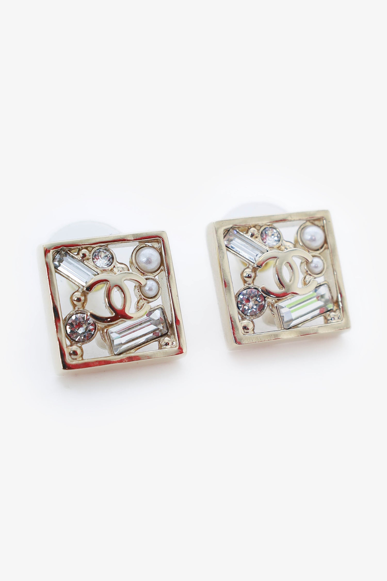 Chanel™ Gold Tone Crystal/Pearl Square 'CC' Earrings