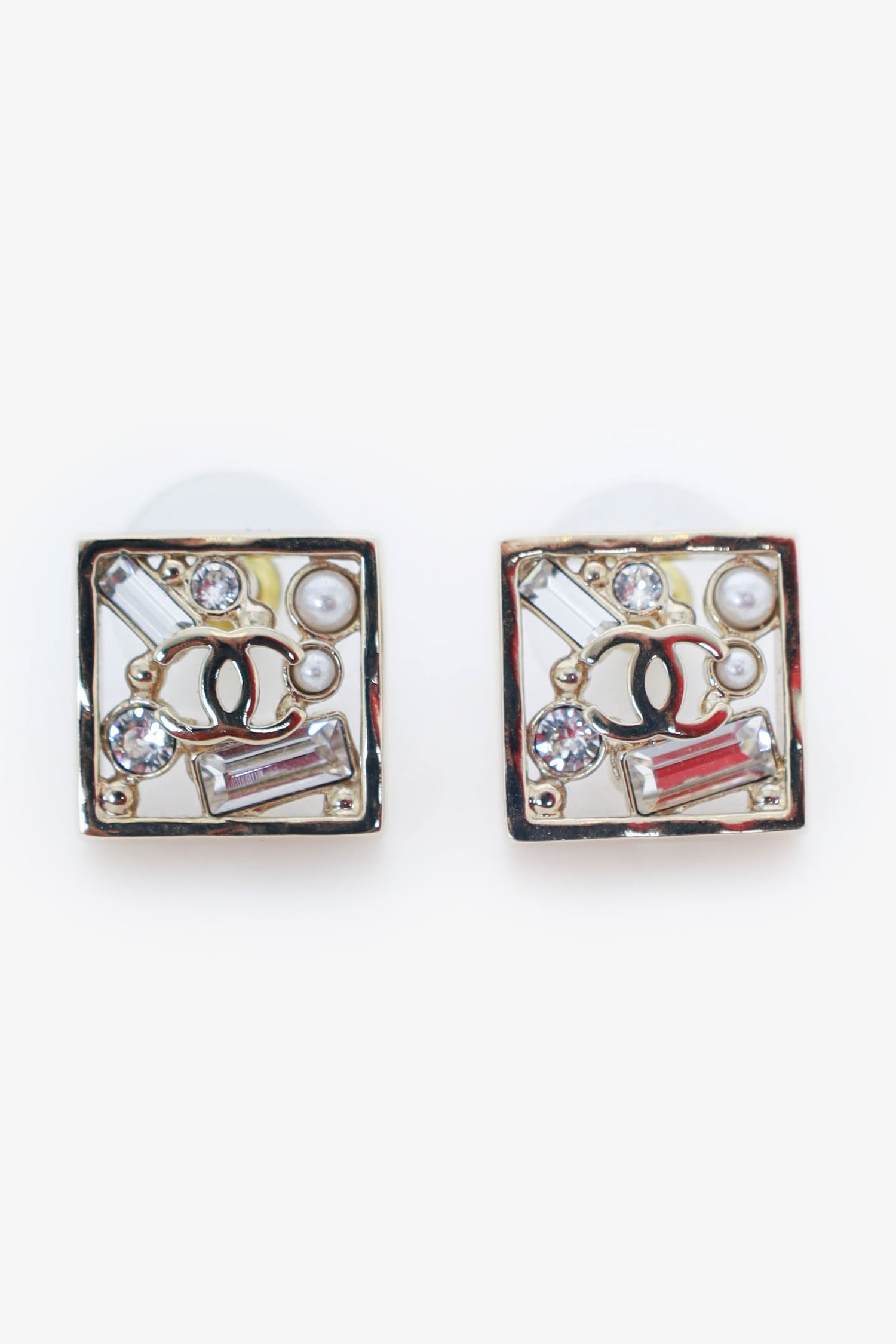 Chanel™ Gold Tone Crystal/Pearl Square 'CC' Earrings