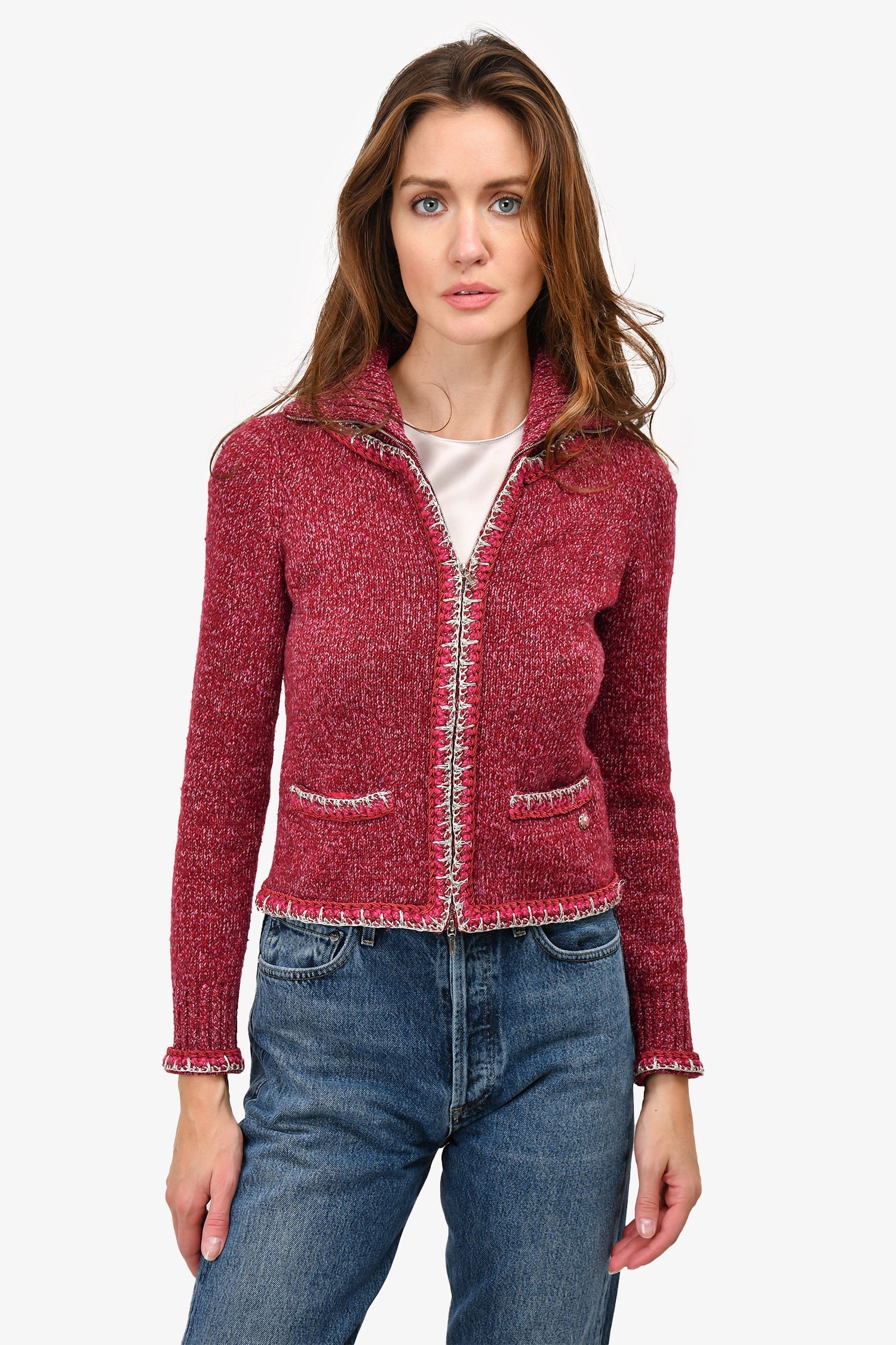 Chanel™ 2016 Red Cashmere/Silk Embroidered Collared Zip Sweater Size 34
