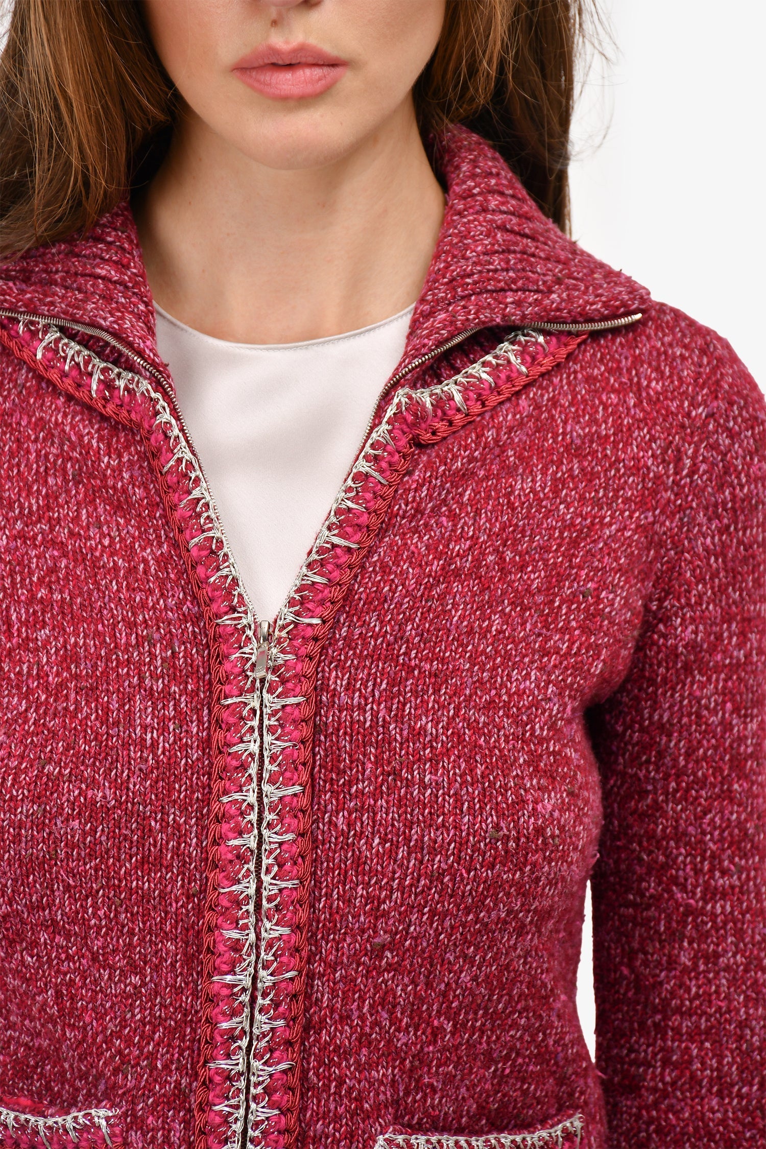 Chanel™ 2016 Red Cashmere/Silk Embroidered Collared Zip Sweater Size 34