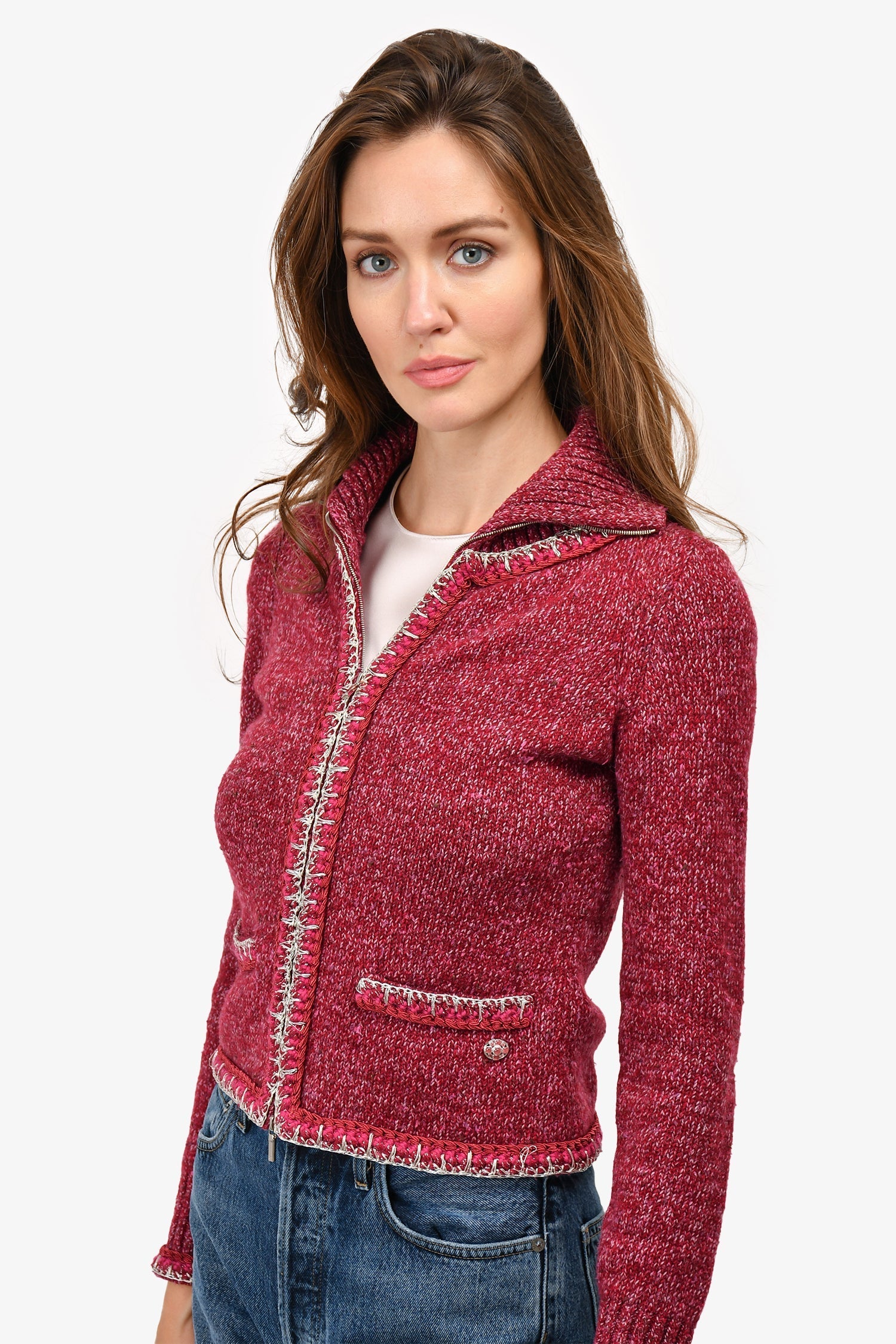 Chanel™ 2016 Red Cashmere/Silk Embroidered Collared Zip Sweater Size 34