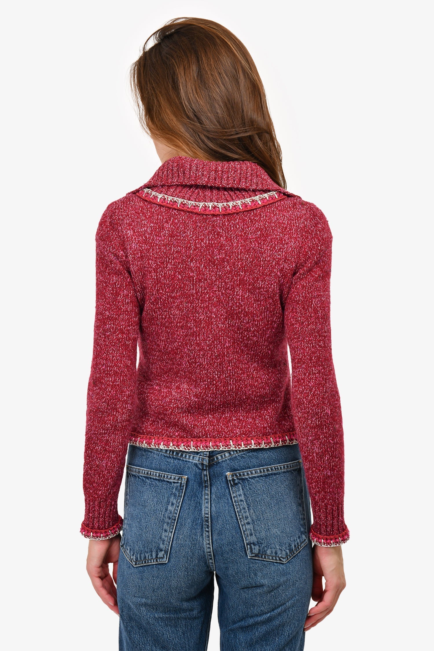 Chanel™ 2016 Red Cashmere/Silk Embroidered Collared Zip Sweater Size 34