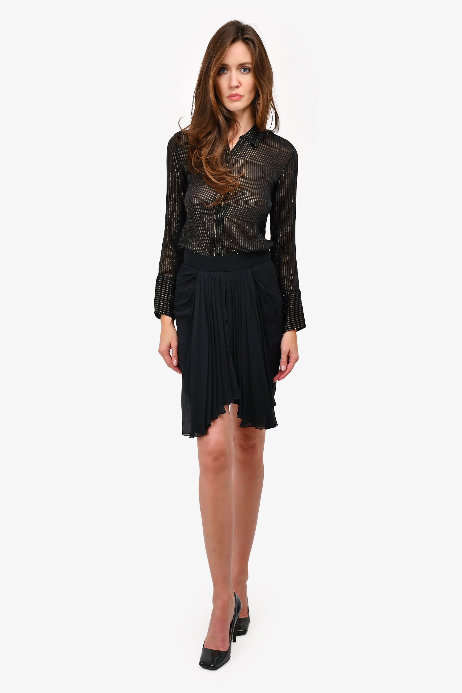 Chanel™ 1990 Black Silk Pleated Detail Mini Skirt Size 38