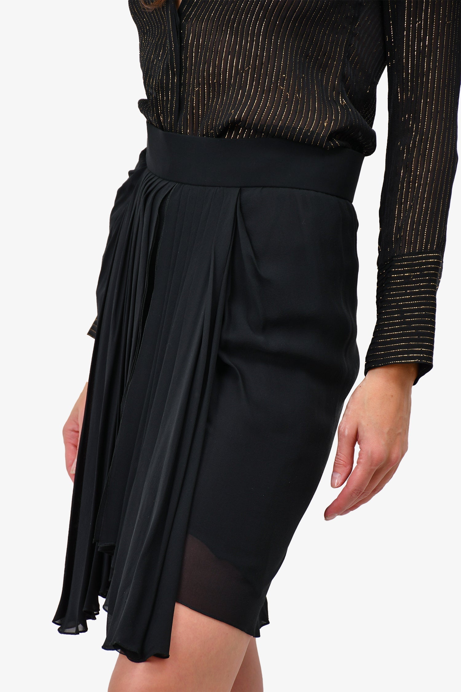 Chanel™ 1990 Black Silk Pleated Detail Mini Skirt Size 38