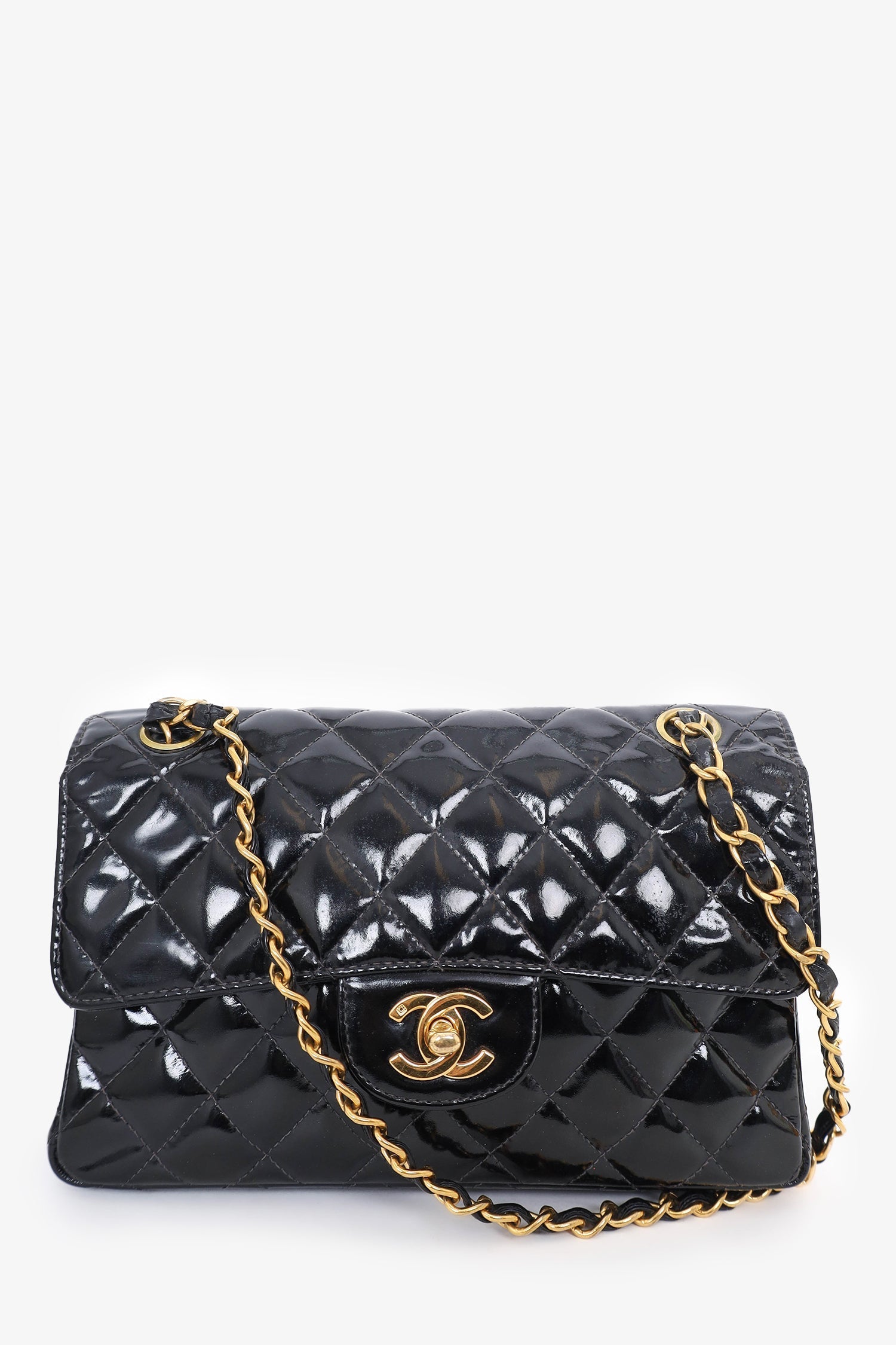 Chanel™ 1996-97 Black Quilted Patent Double Sided Flap Bag