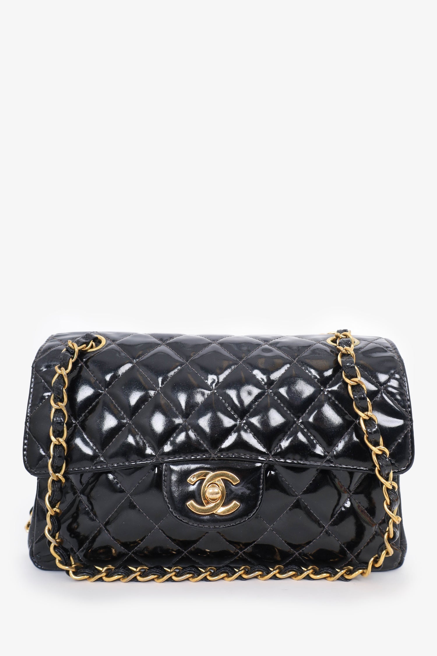 Chanel™ 1996-97 Black Quilted Patent Double Sided Flap Bag