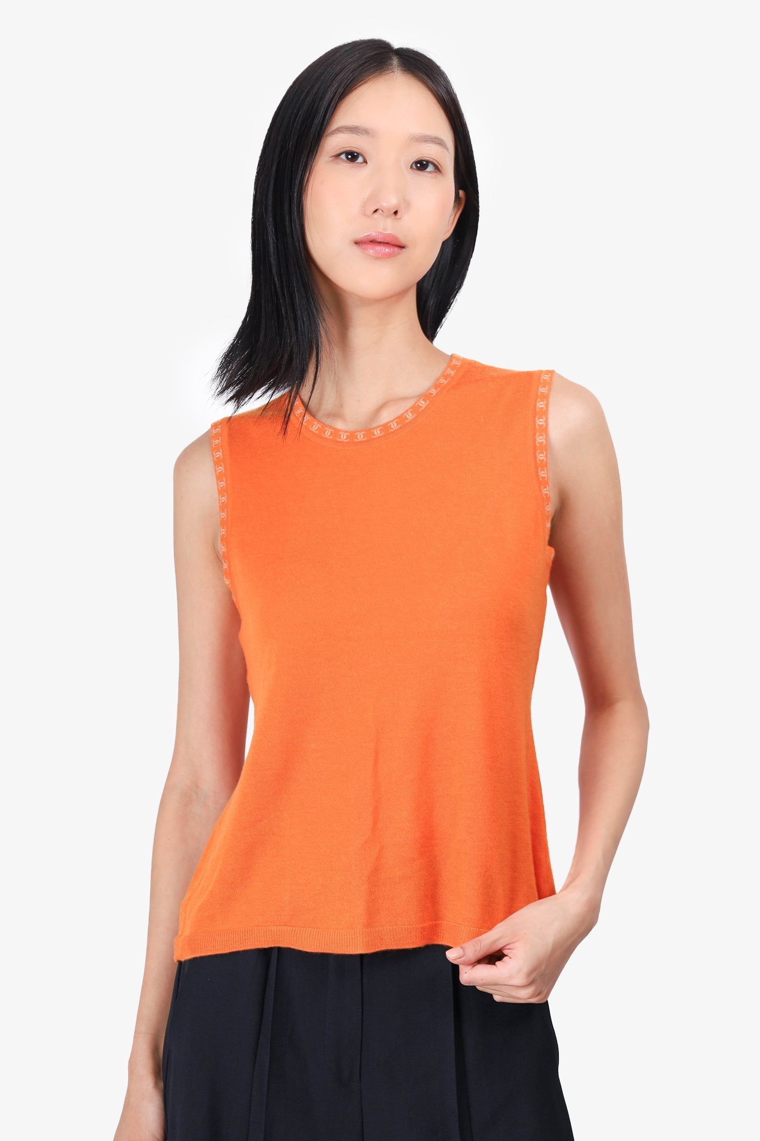 Chanel™ Orange Cashmere Logo Trim Sweater Vest Size 42