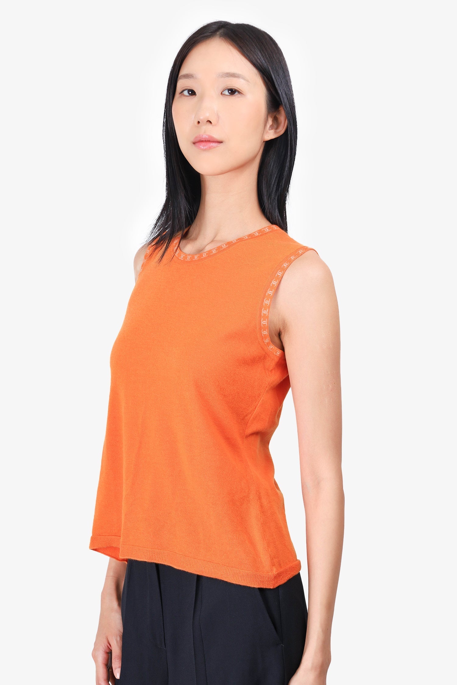 Chanel™ Orange Cashmere Logo Trim Sweater Vest Size 42
