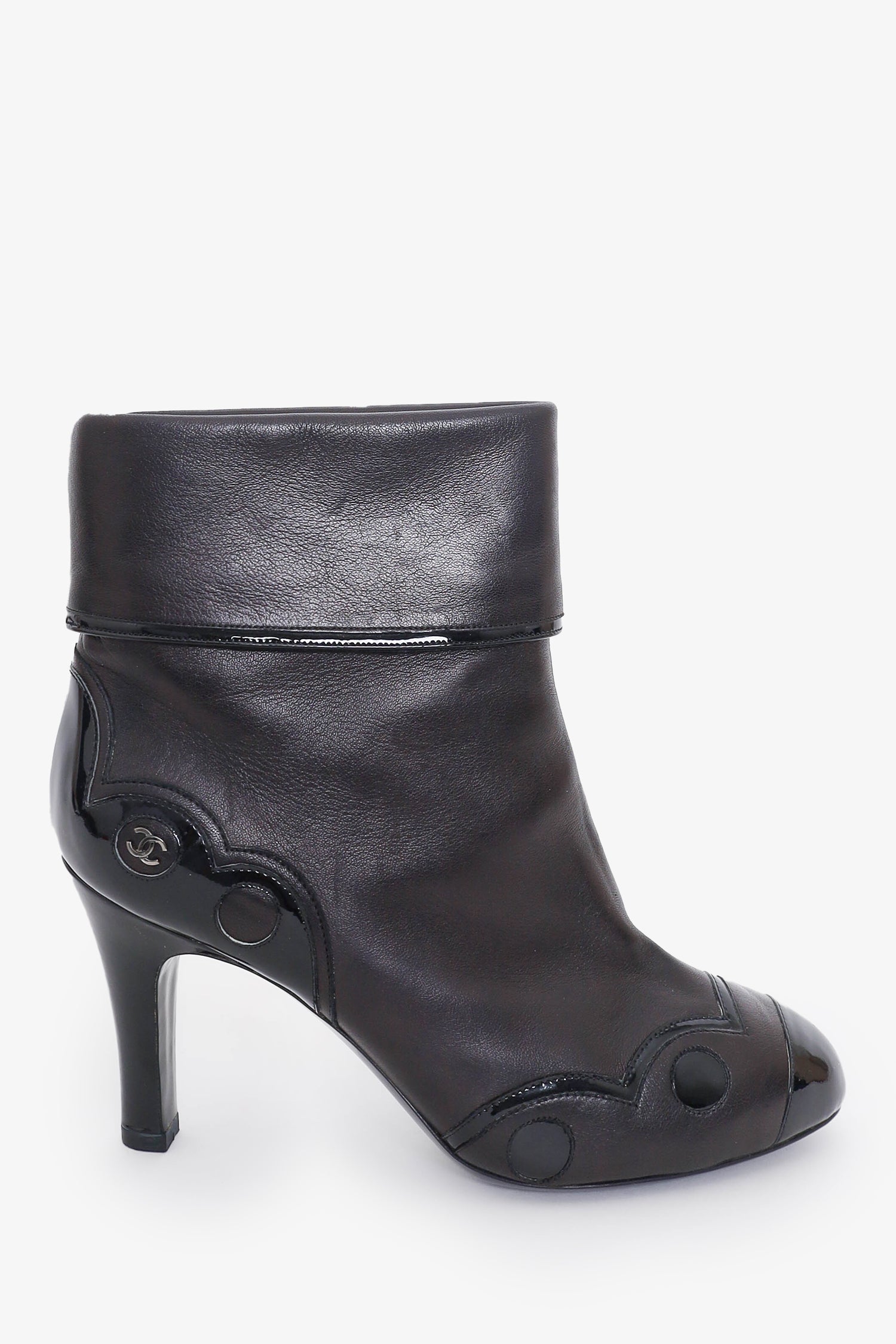 Chanel™ Black Leather/Patent Leather Detail 'CC' Ankle Boots Size 37