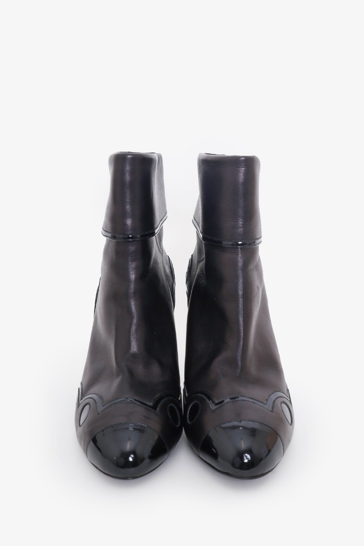 Chanel™ Black Leather/Patent Leather Detail 'CC' Ankle Boots Size 37