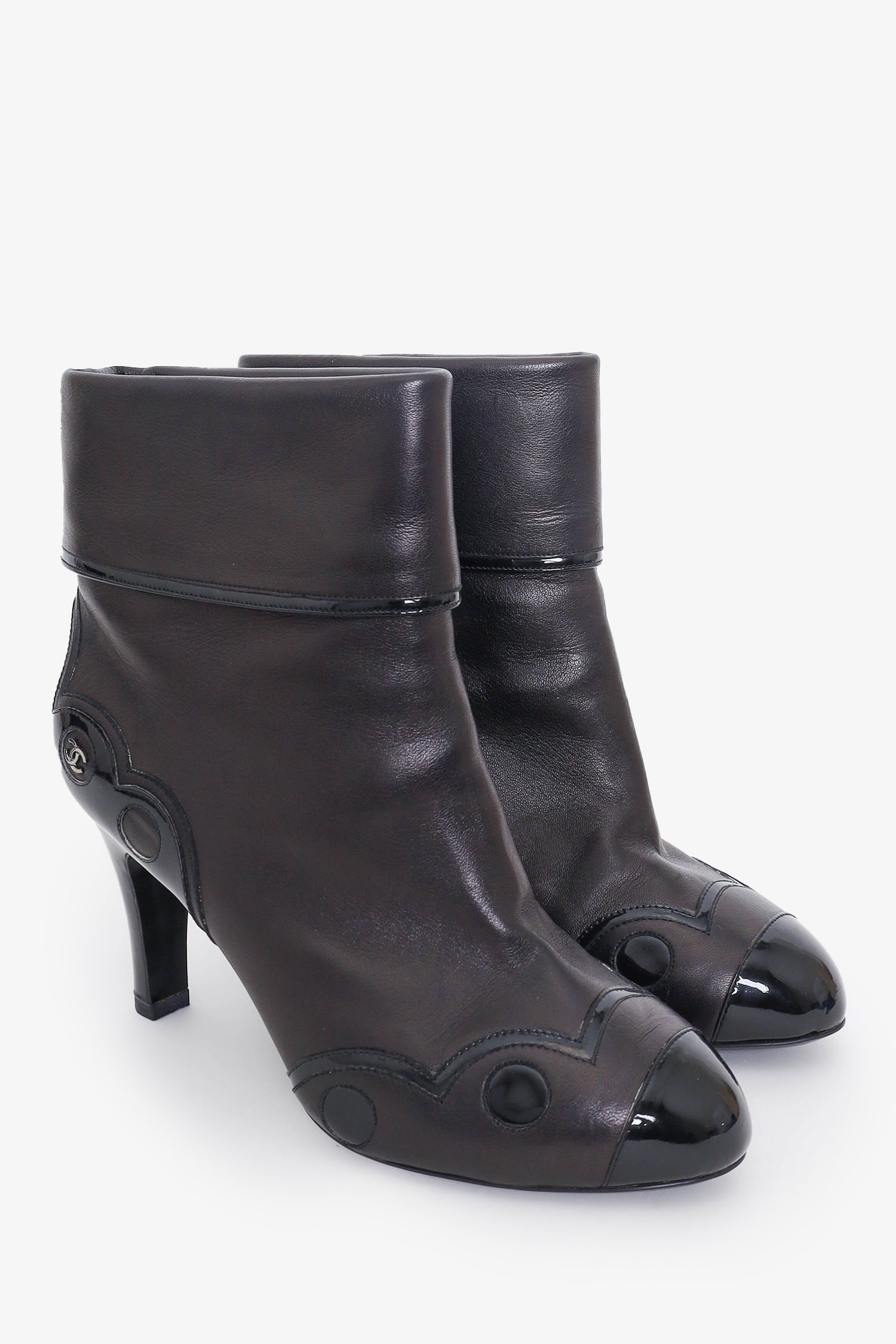 Chanel™ Black Leather/Patent Leather Detail 'CC' Ankle Boots Size 37