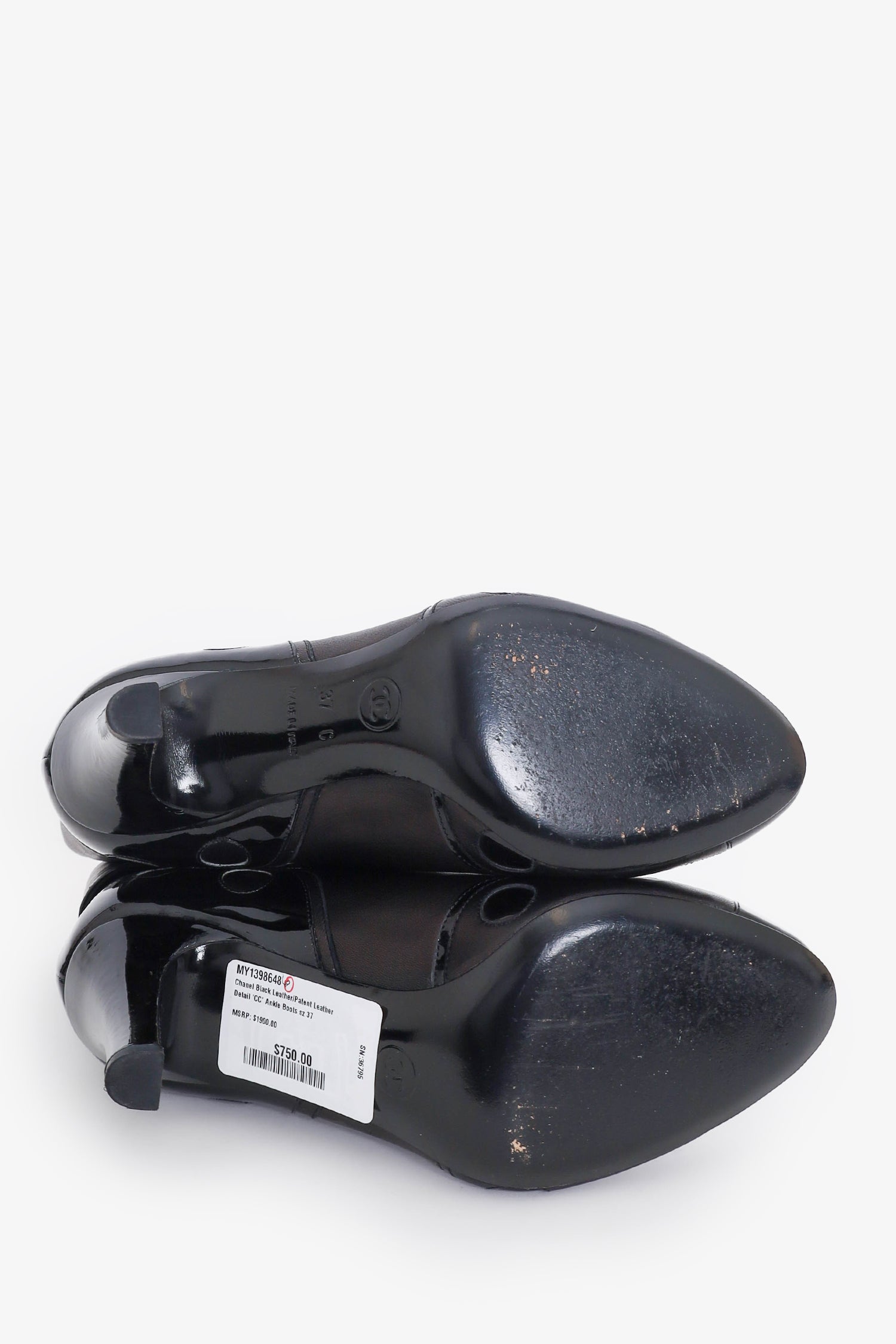 Chanel™ Black Leather/Patent Leather Detail 'CC' Ankle Boots Size 37