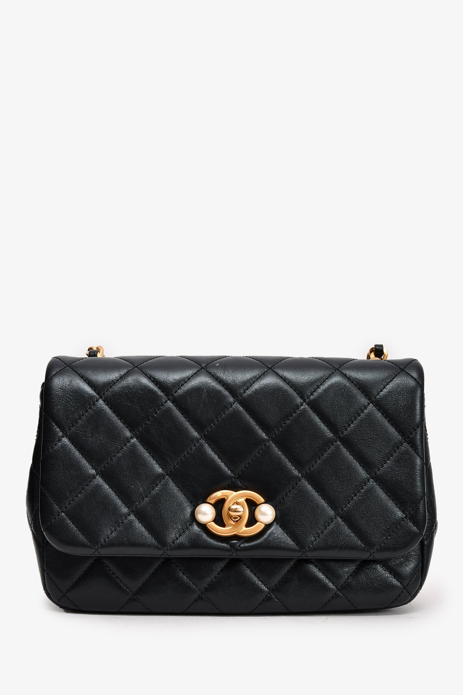 Chanel™ Black Glazed Leather Pearl Embellished Small Flap Bag