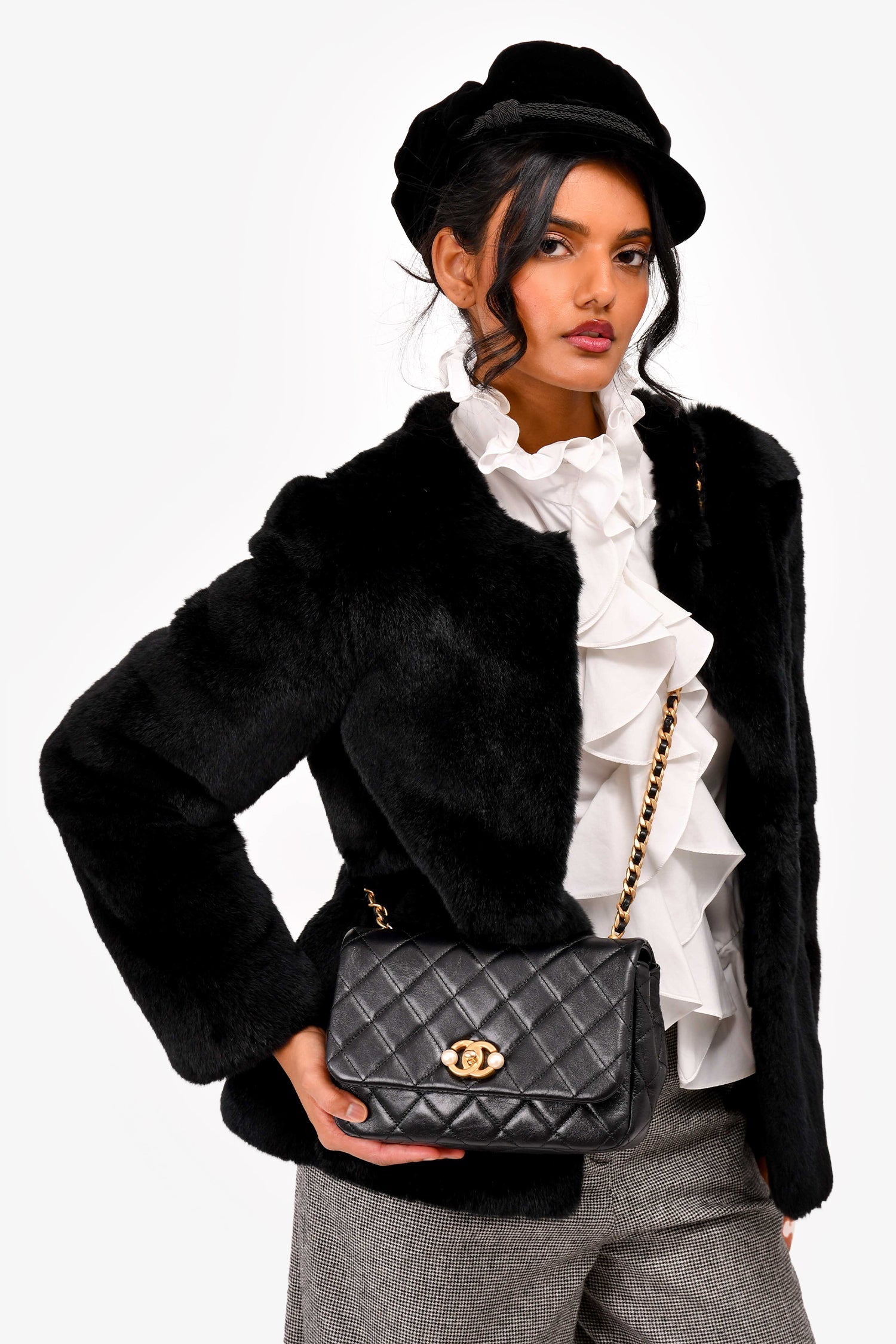 Chanel™ Black Glazed Leather Pearl Embellished Small Flap Bag