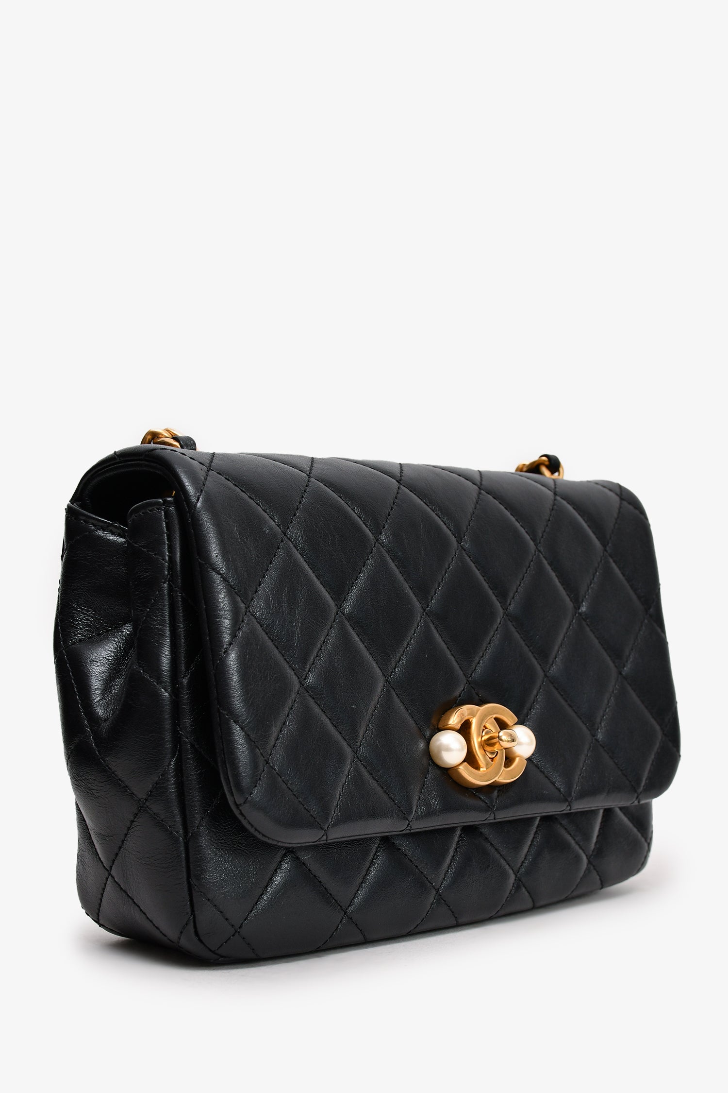 Chanel™ Black Glazed Leather Pearl Embellished Small Flap Bag